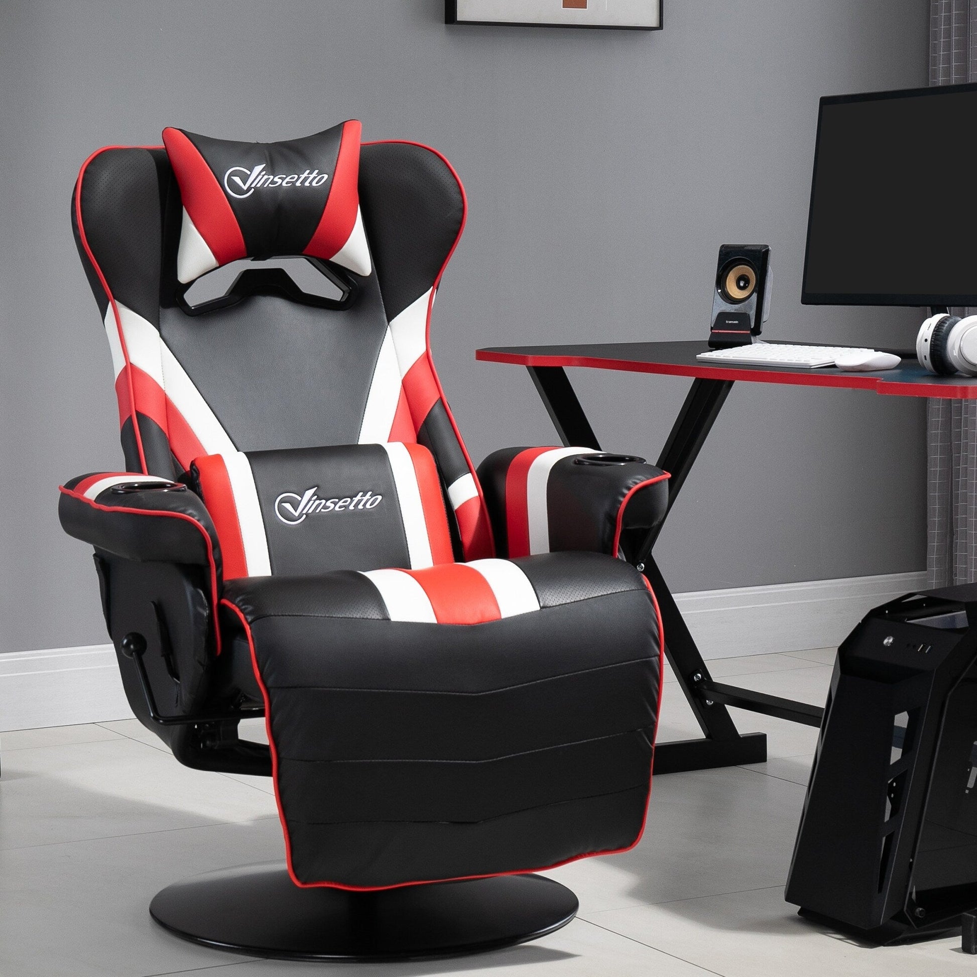 360° Swivel Racing Style Gaming Recliner Chair with Lumbar Support, Footrest and Dual Cup Holders for Game Room