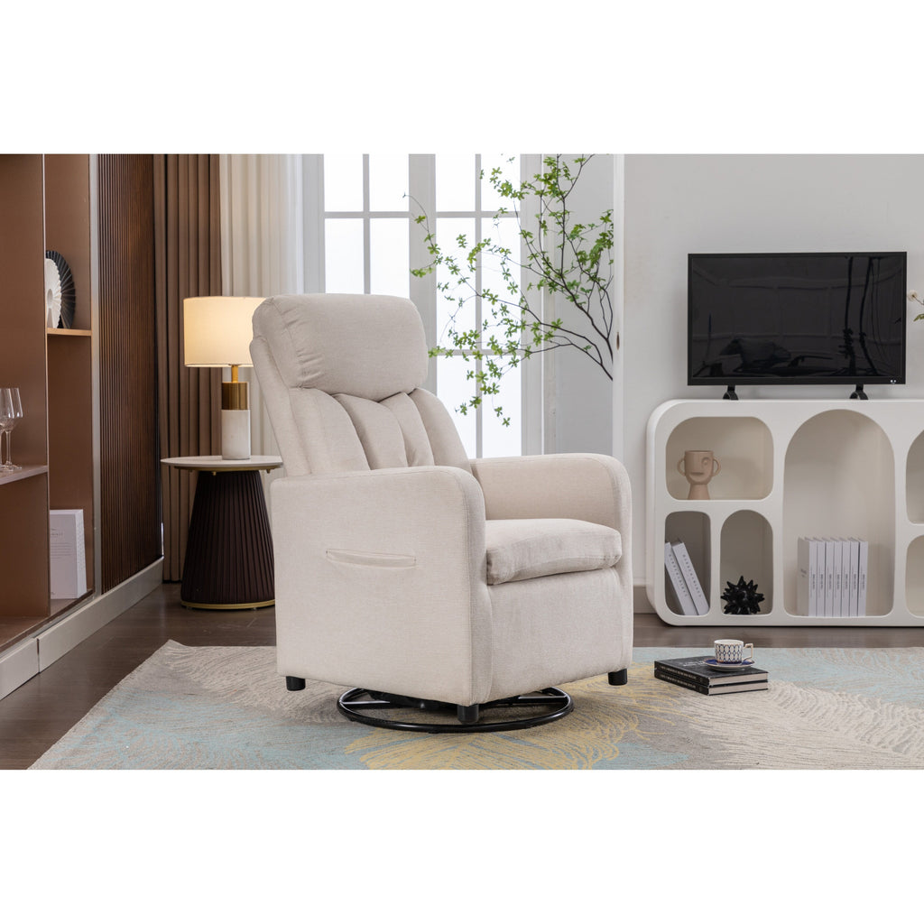 022-Fauteuil basculant pivotant en tissu de lin, modèle Gilder, avec poche.