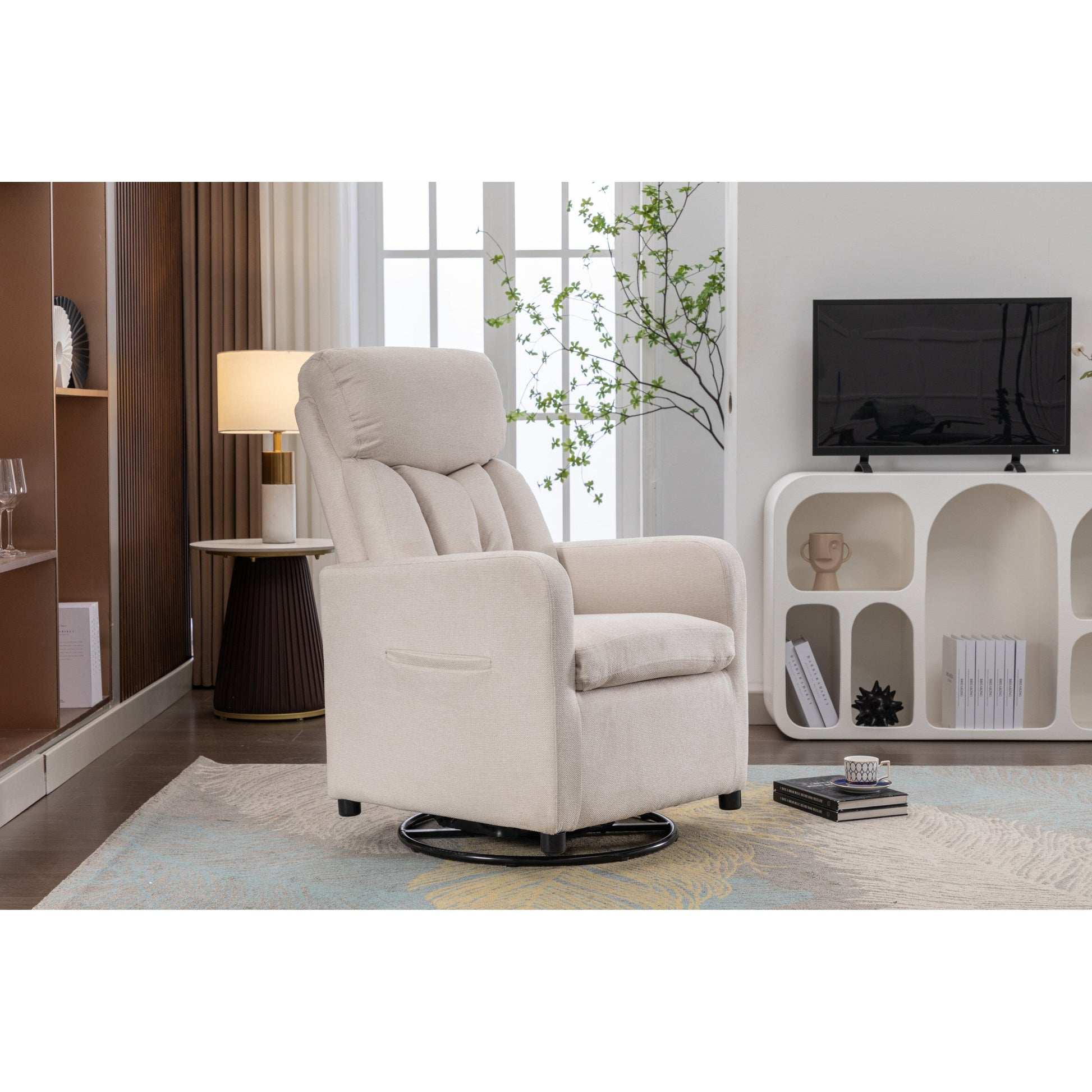 022-Fauteuil basculant pivotant en tissu de lin, modèle Gilder, avec poche.