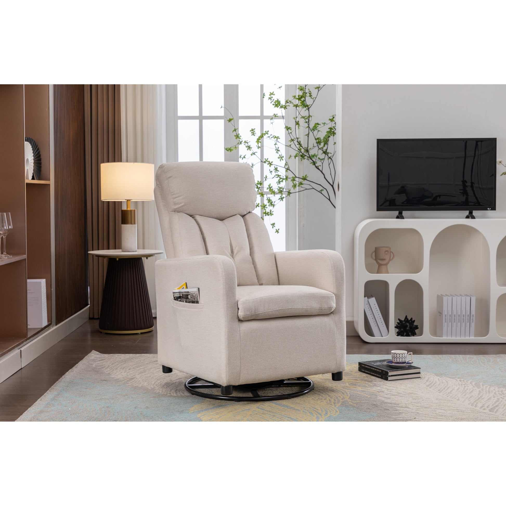 022-Fauteuil basculant pivotant en tissu de lin, modèle Gilder, avec poche.
