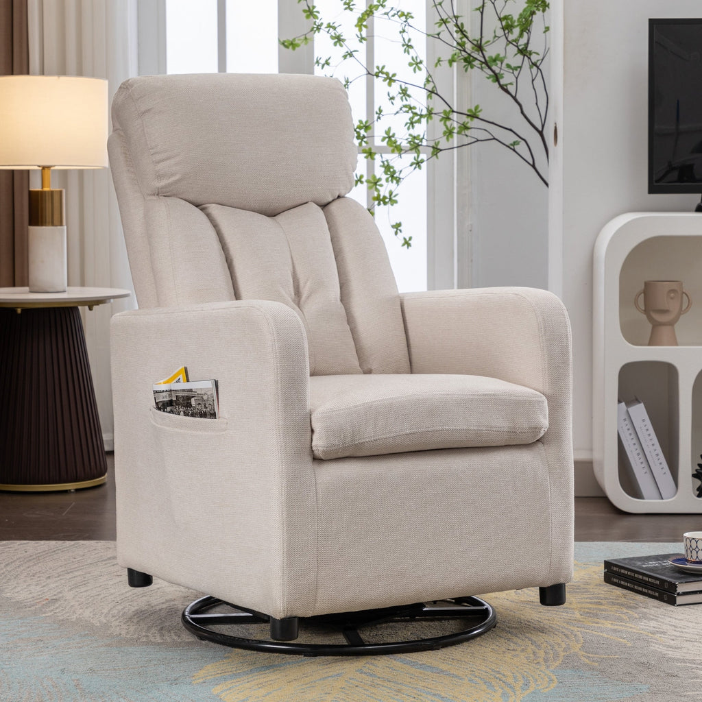 022-Fauteuil basculant pivotant en tissu de lin, modèle Gilder, avec poche.