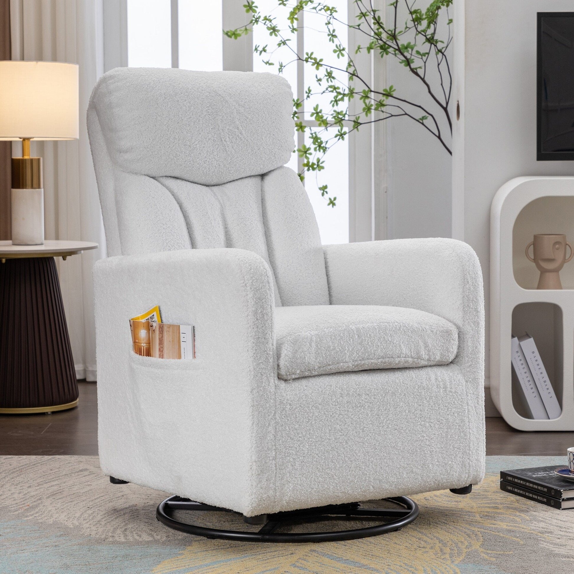 022-Fauteuil basculant pivotant en tissu de lin, modèle Gilder, avec poche.