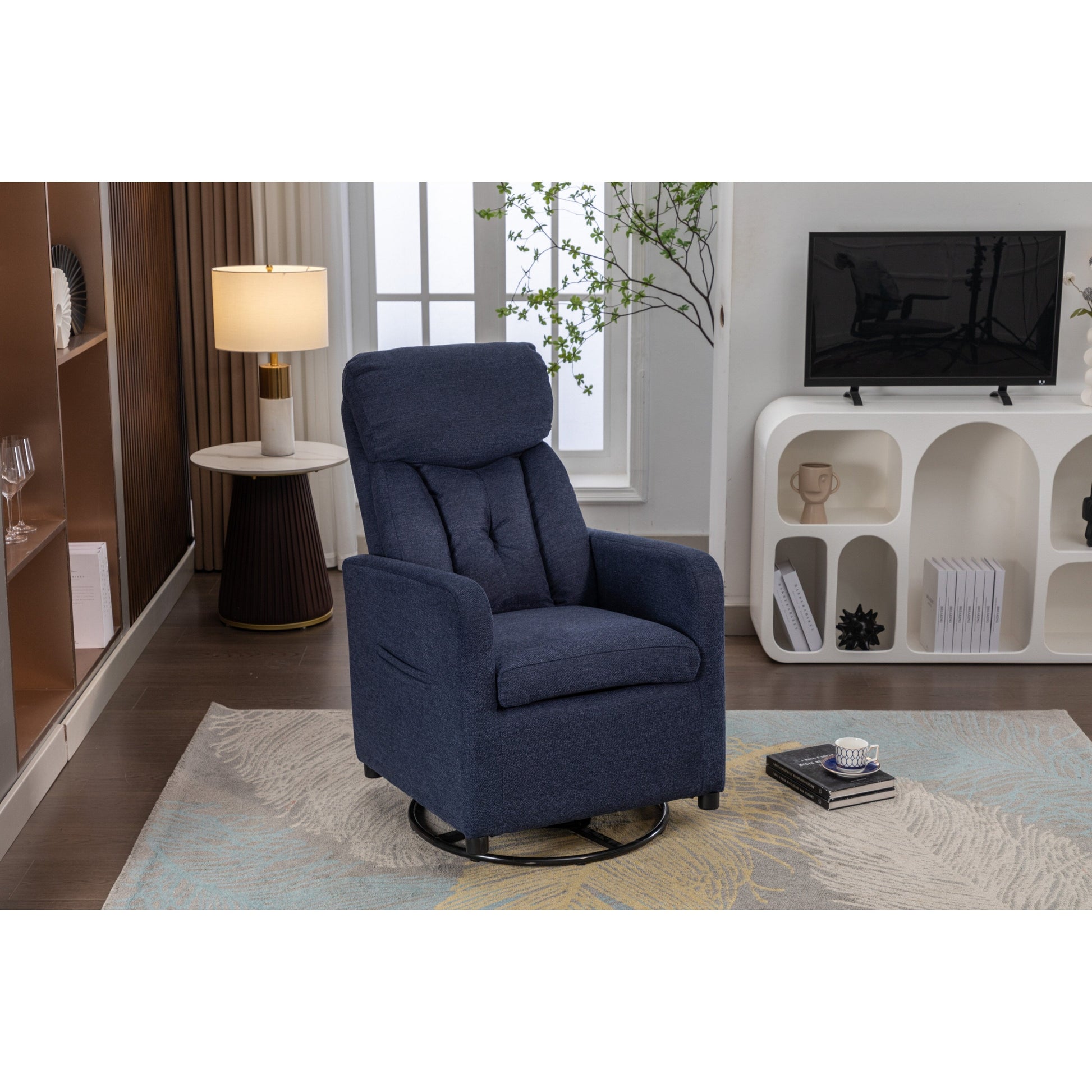 022-Fauteuil basculant pivotant en tissu de lin, modèle Gilder, avec poche.