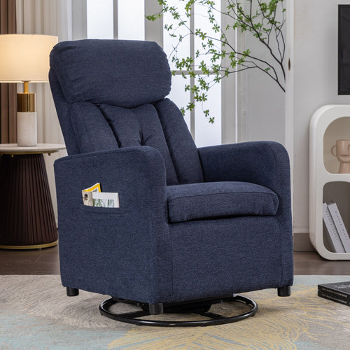 022-Fauteuil basculant pivotant en tissu de lin, modèle Gilder, avec poche.