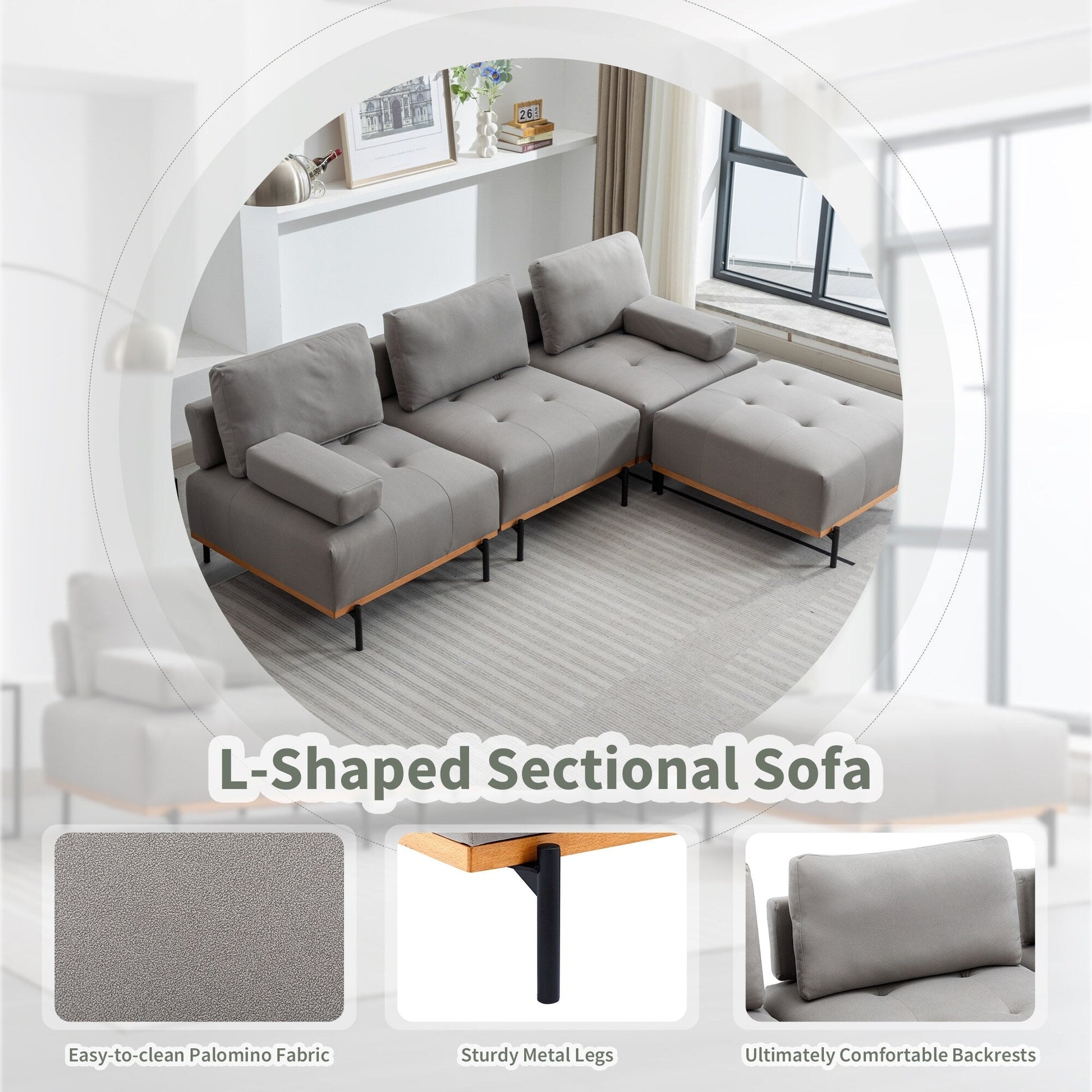 Canapé d'angle en tissu de 256 cm avec pouf amovible et pieds en métal
