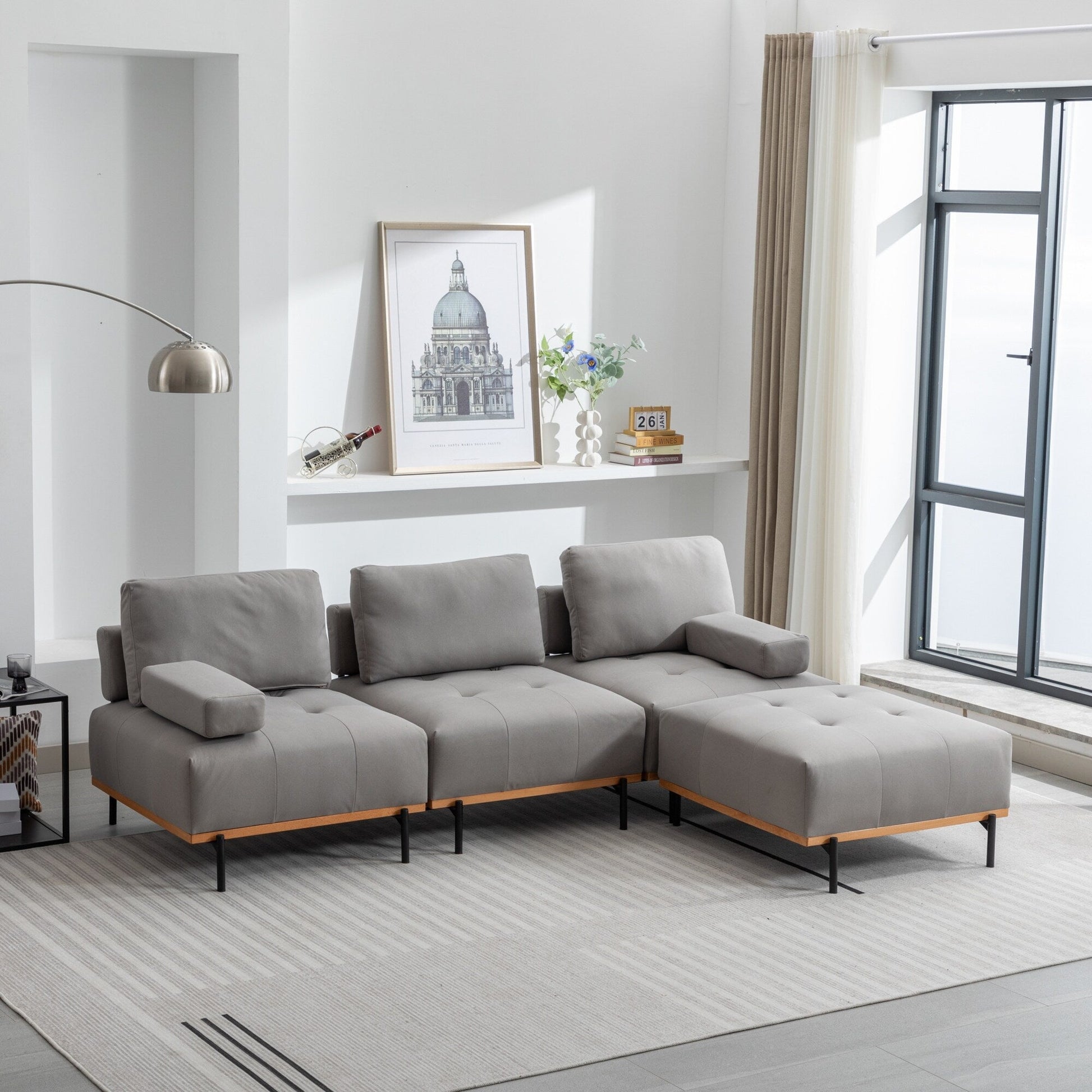 Canapé d'angle en tissu de 256 cm avec pouf amovible et pieds en métal