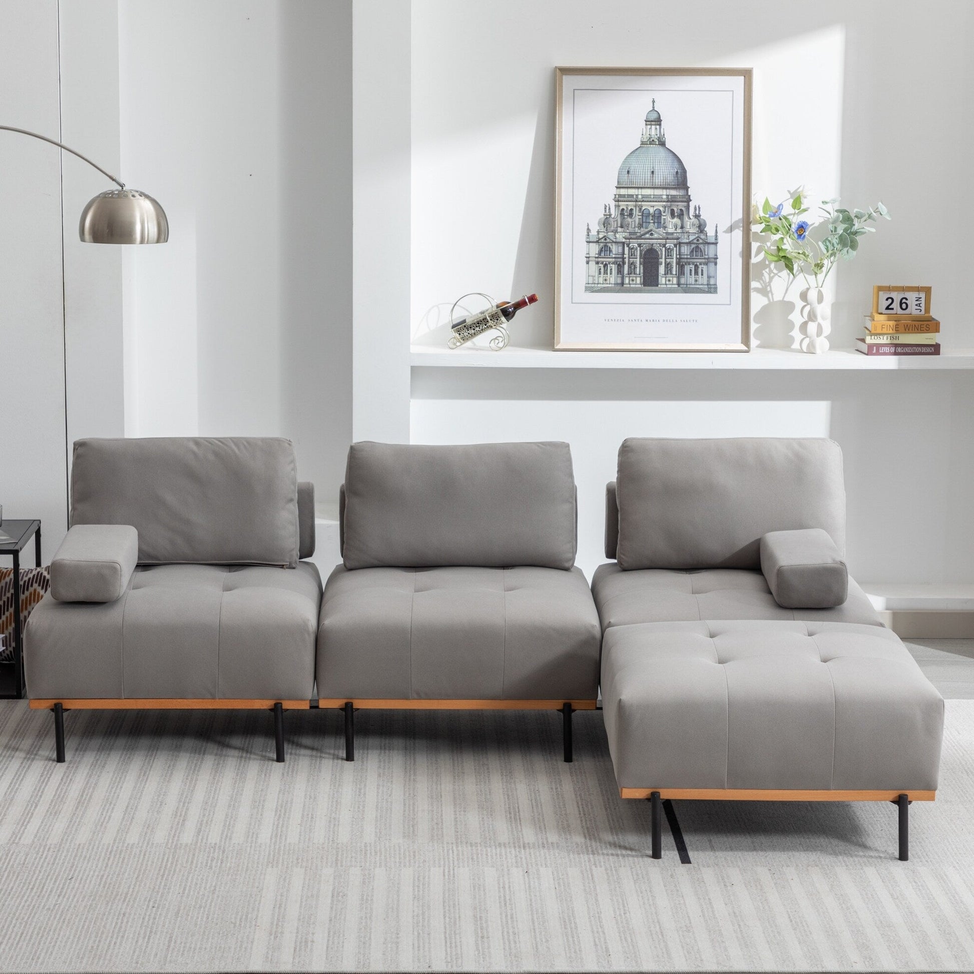 Canapé d'angle en tissu de 256 cm avec pouf amovible et pieds en métal