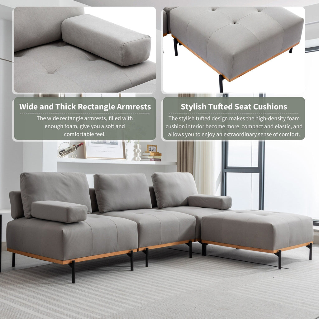 Canapé d'angle en tissu de 256 cm avec pouf amovible et pieds en métal