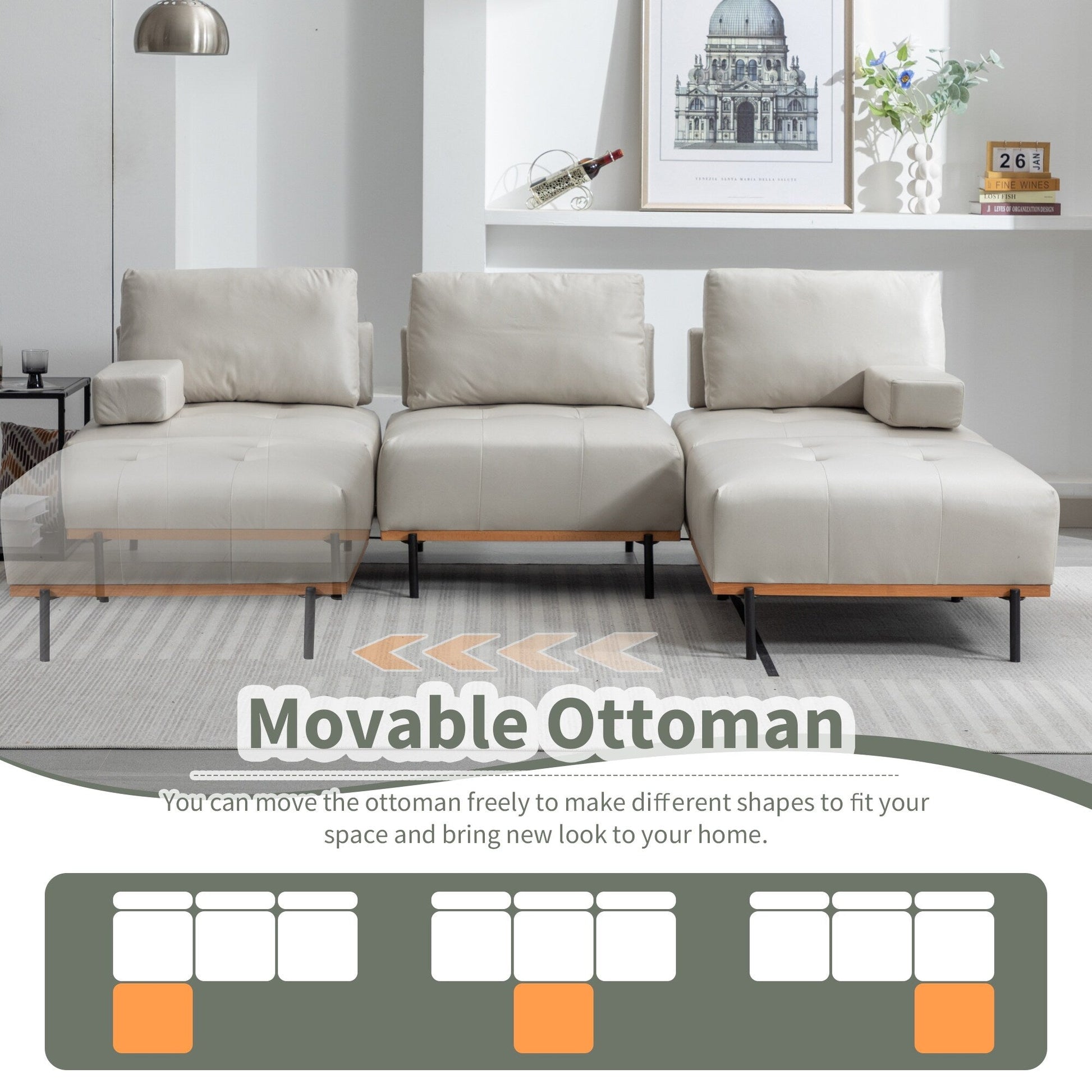 Canapé d'angle en tissu de 256 cm avec pouf amovible et pieds en métal