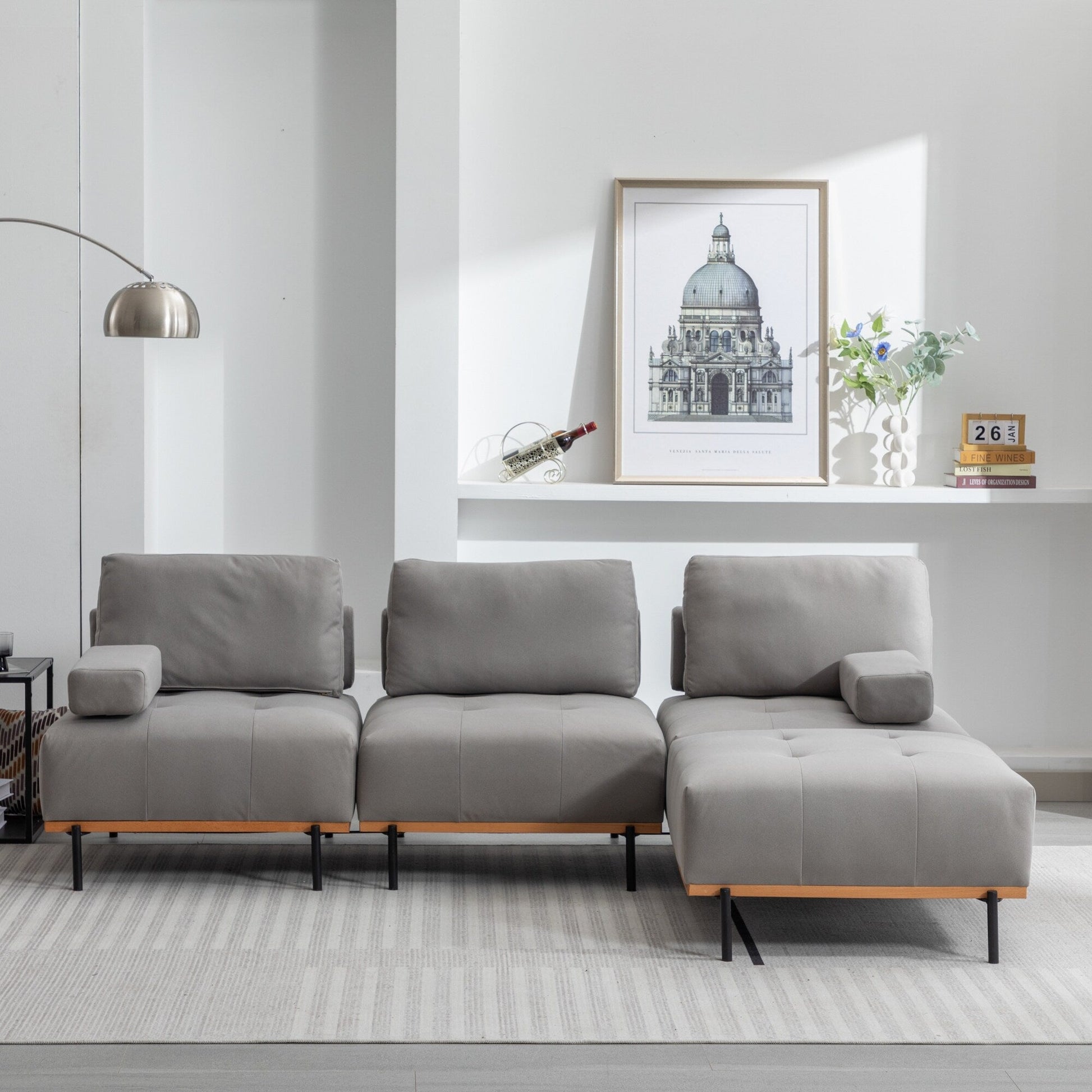 Canapé d'angle en tissu de 256 cm avec pouf amovible et pieds en métal
