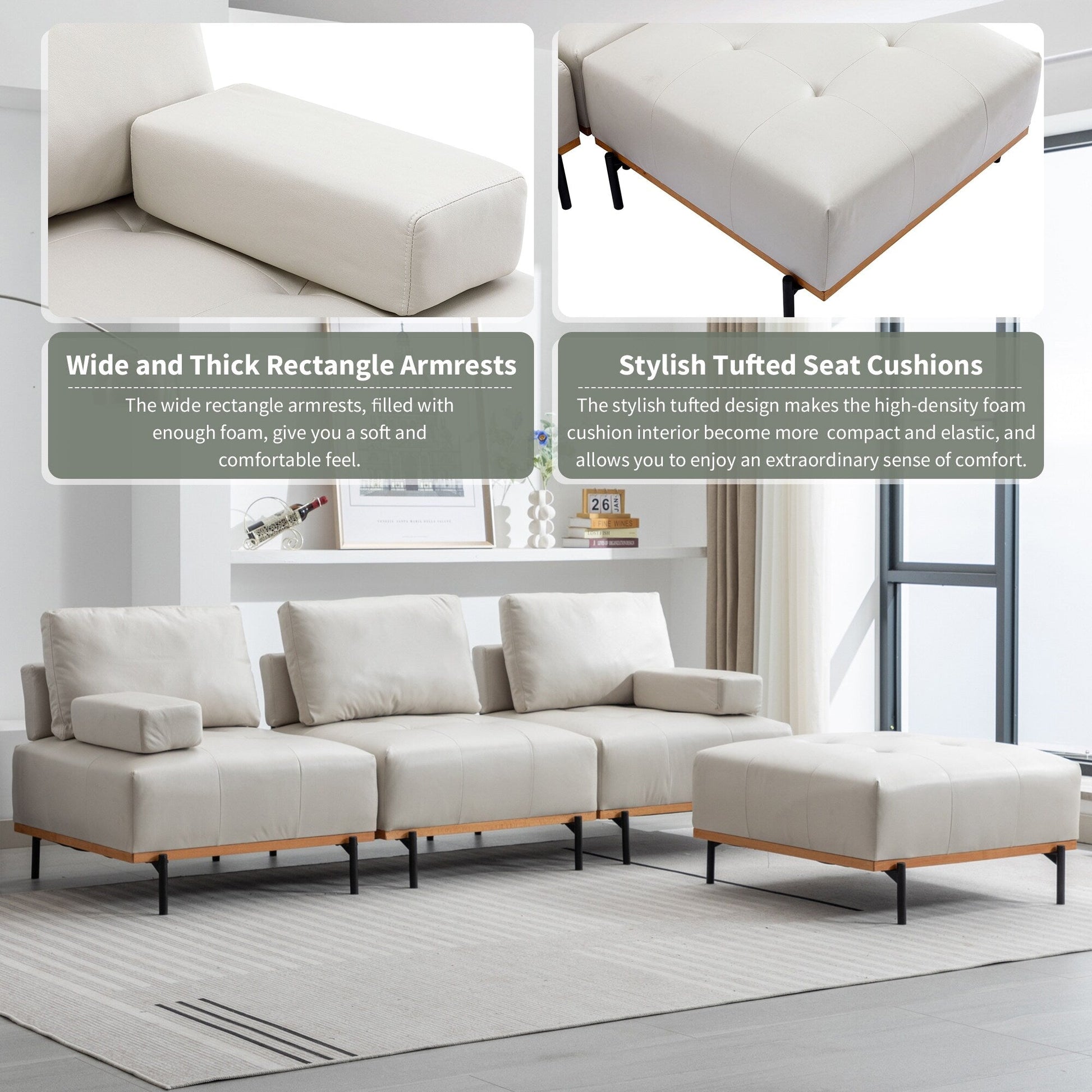 Canapé d'angle en tissu de 256 cm avec pouf amovible et pieds en métal