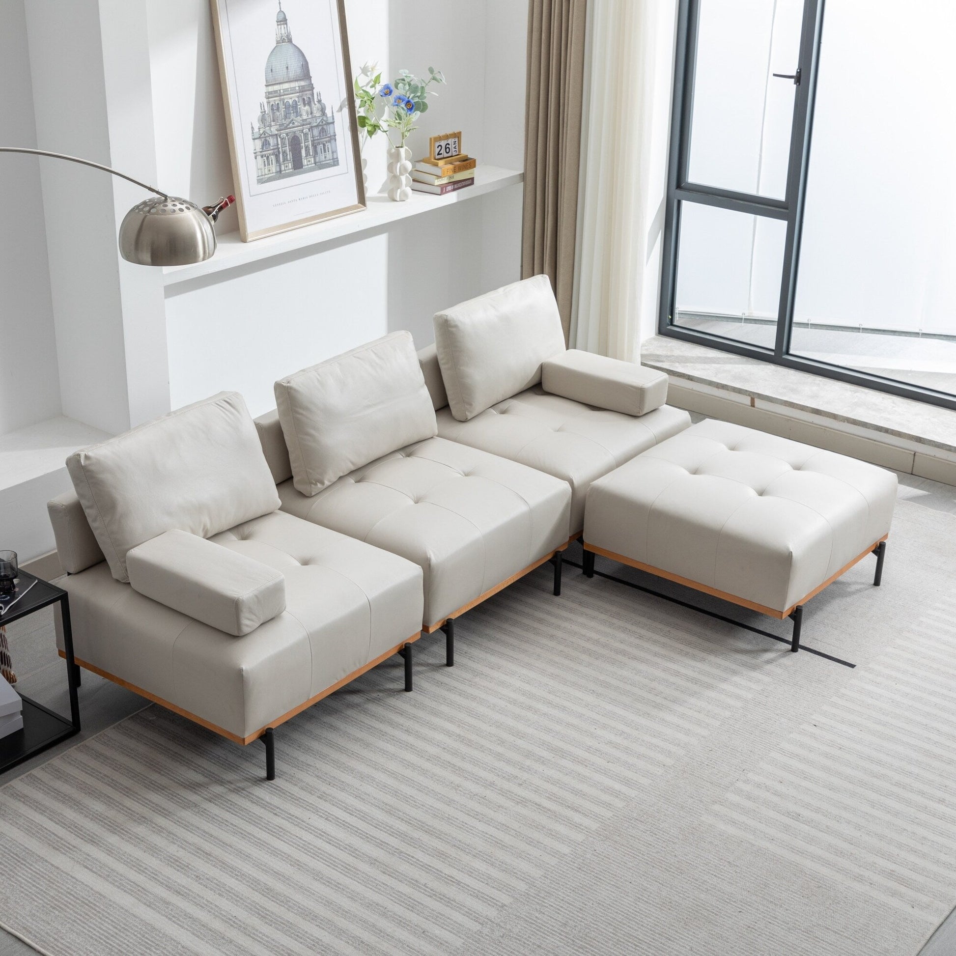 Canapé d'angle en tissu de 256 cm avec pouf amovible et pieds en métal