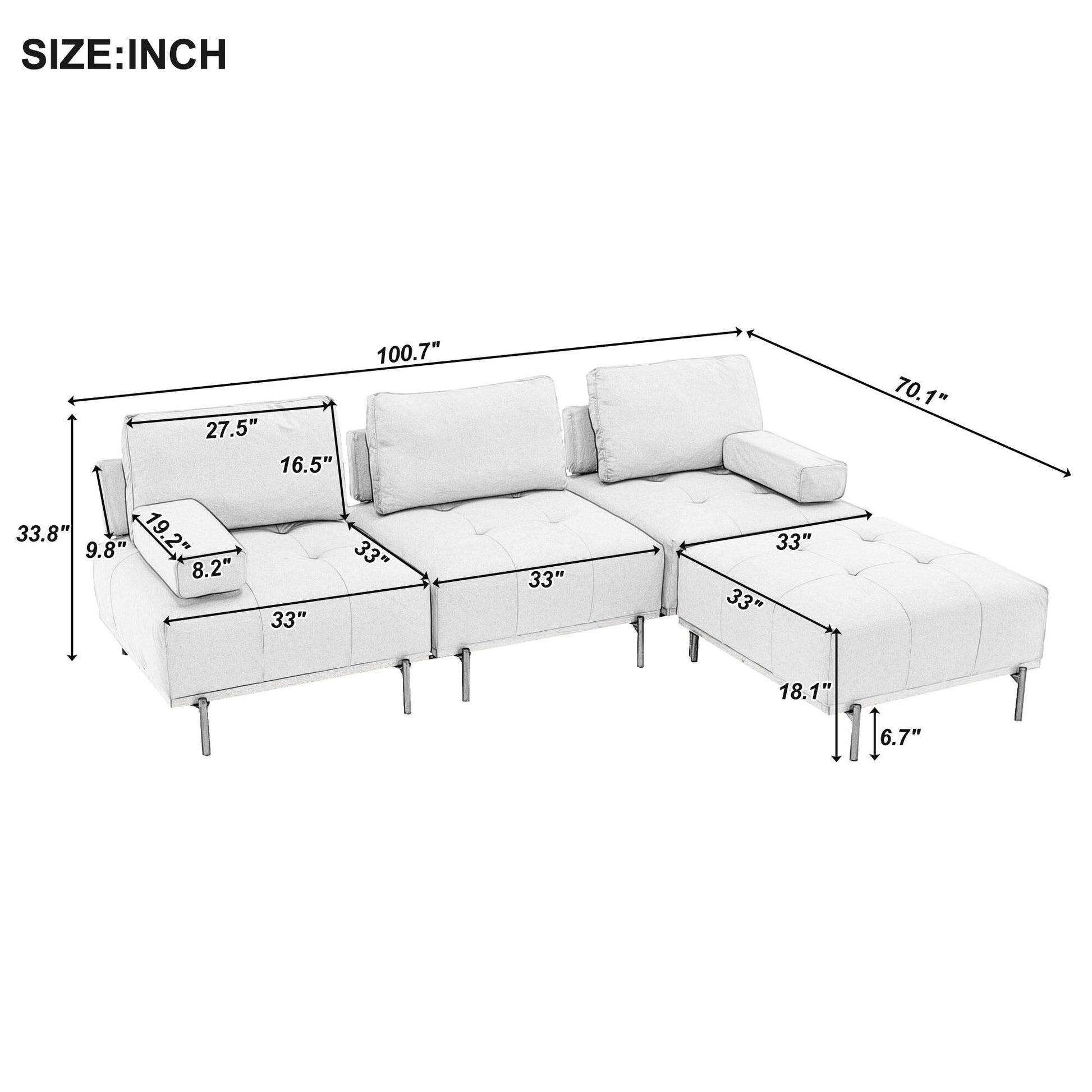 Canapé d'angle en tissu de 256 cm avec pouf amovible et pieds en métal
