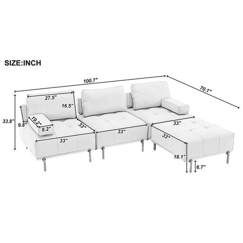 Canapé d'angle en tissu de 256 cm avec pouf amovible et pieds en métal