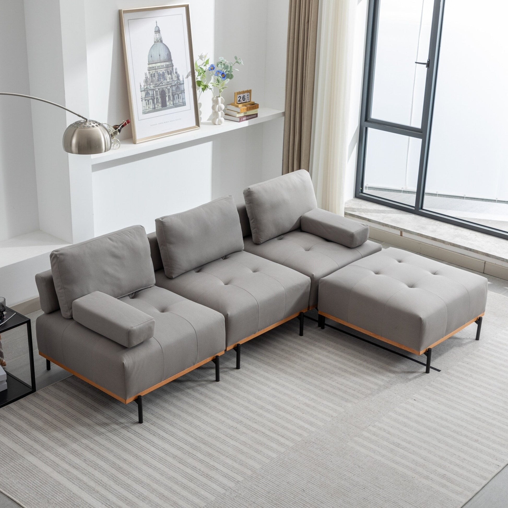 Canapé d'angle en tissu de 256 cm avec pouf amovible et pieds en métal