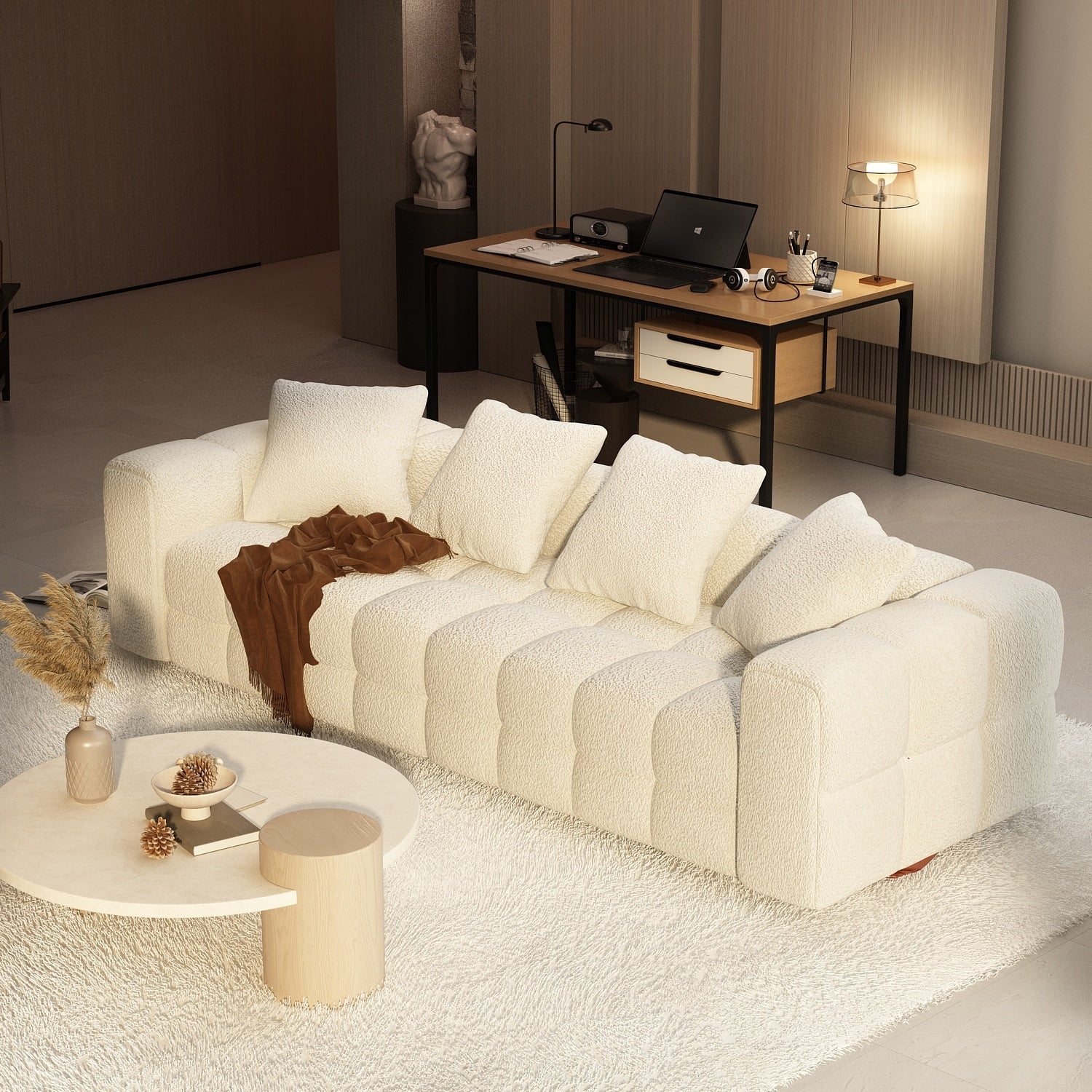 Canapé en velours Teddy avec structure en bois 100.8W, blanc, 4 places.