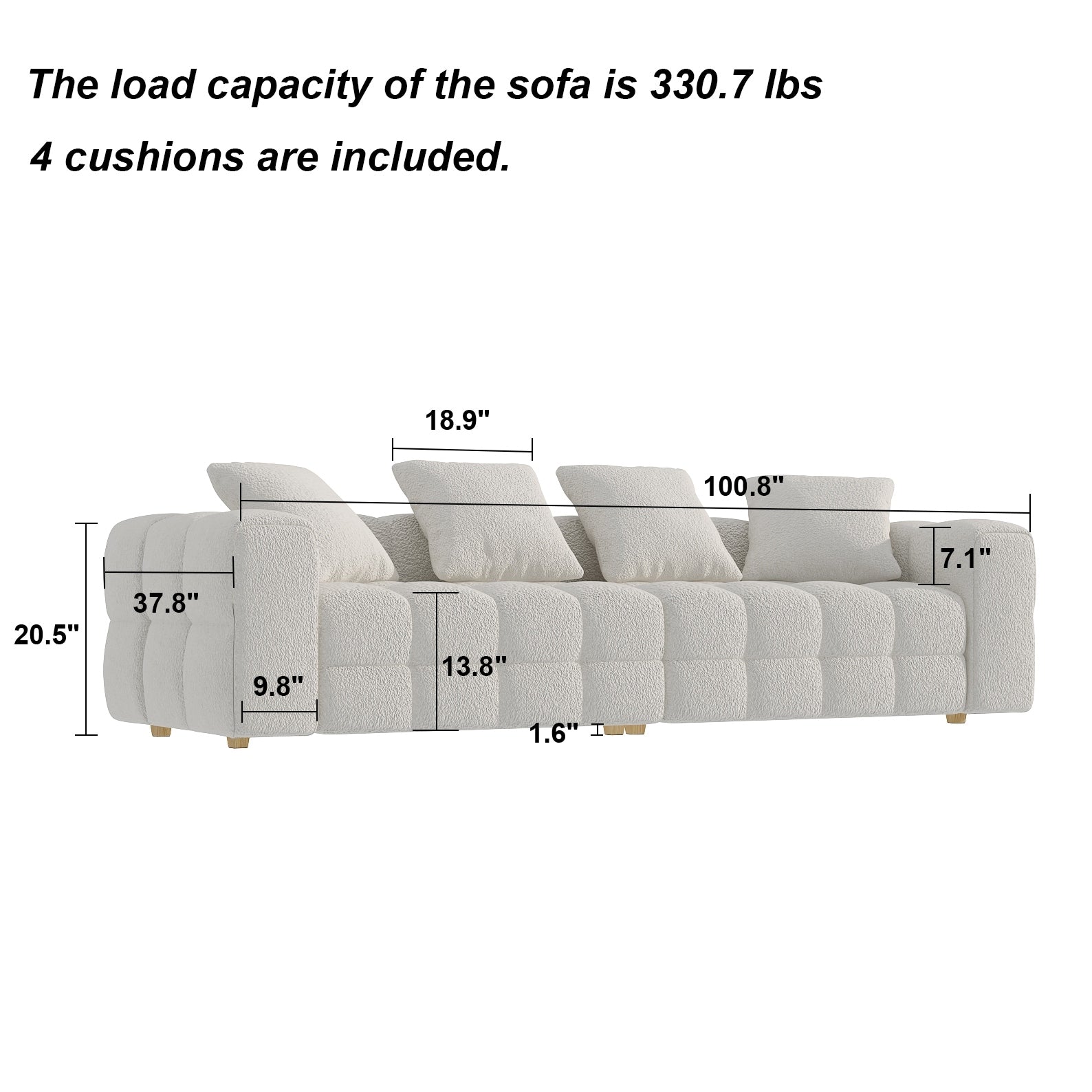 Canapé en velours Teddy avec structure en bois 100.8W, blanc, 4 places.