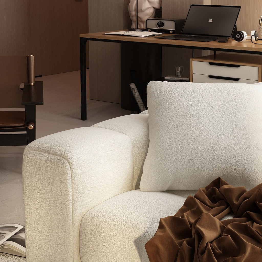 Canapé en velours Teddy avec structure en bois 100.8W, blanc, 4 places.