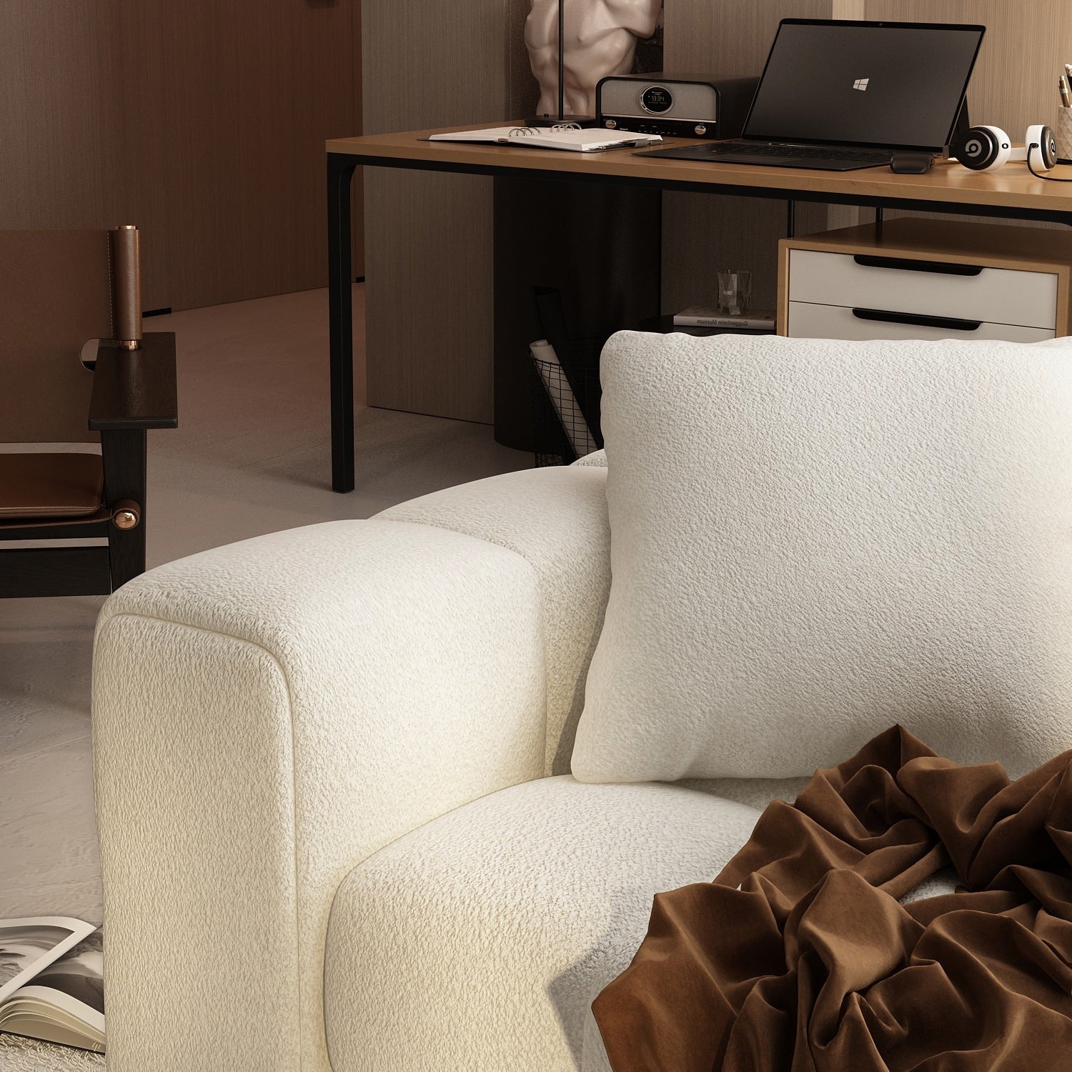 Canapé en velours Teddy avec structure en bois 100.8W, blanc, 4 places.