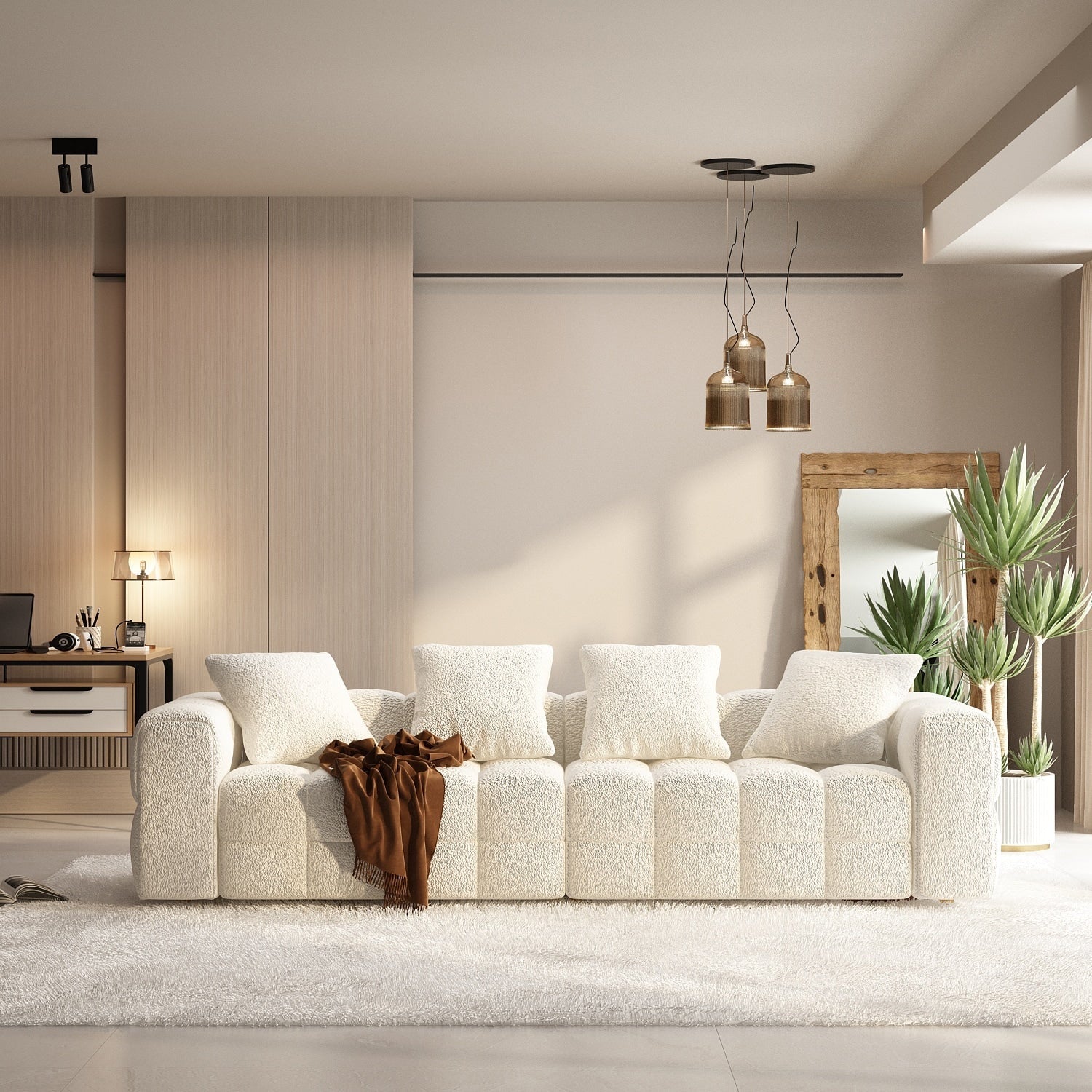 Canapé en velours Teddy avec structure en bois 100.8W, blanc, 4 places.