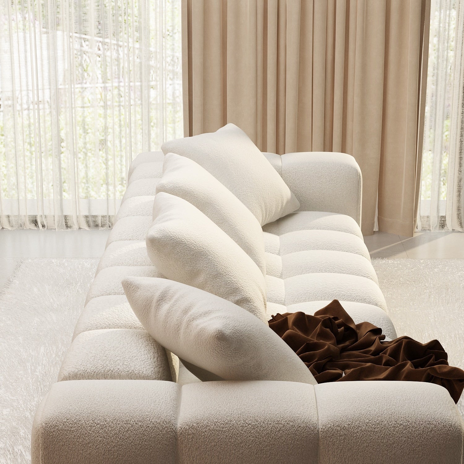 Canapé en velours Teddy avec structure en bois 100.8W, blanc, 4 places.