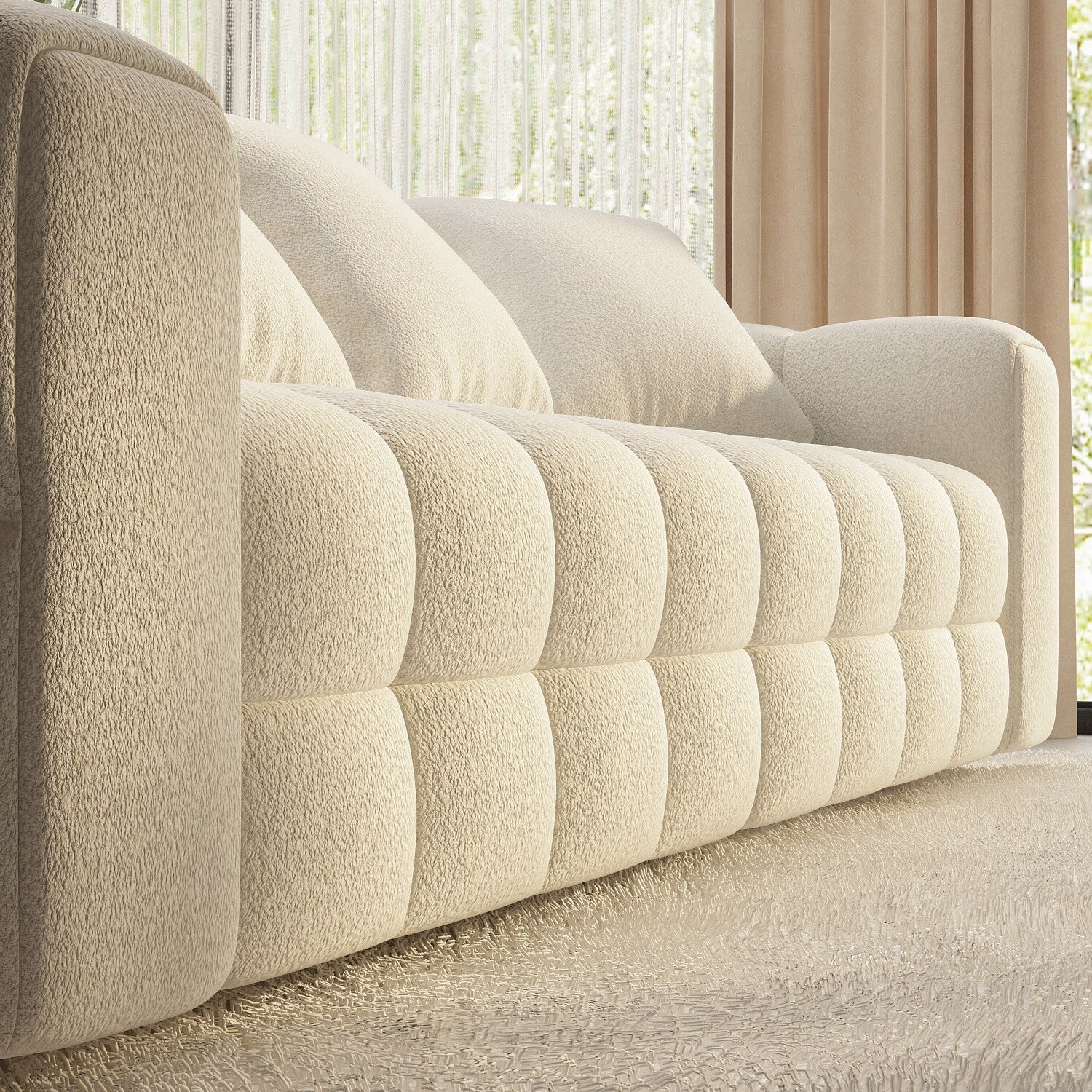 Canapé en velours Teddy avec structure en bois 100.8W, blanc, 4 places.