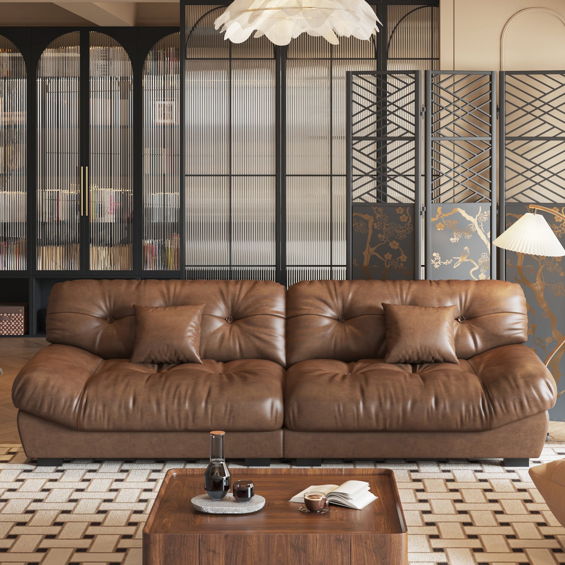 Canapé 3 places en cuir et plumes, style milieu de siècle - 102,4 po - 110,2 x 31,9 po