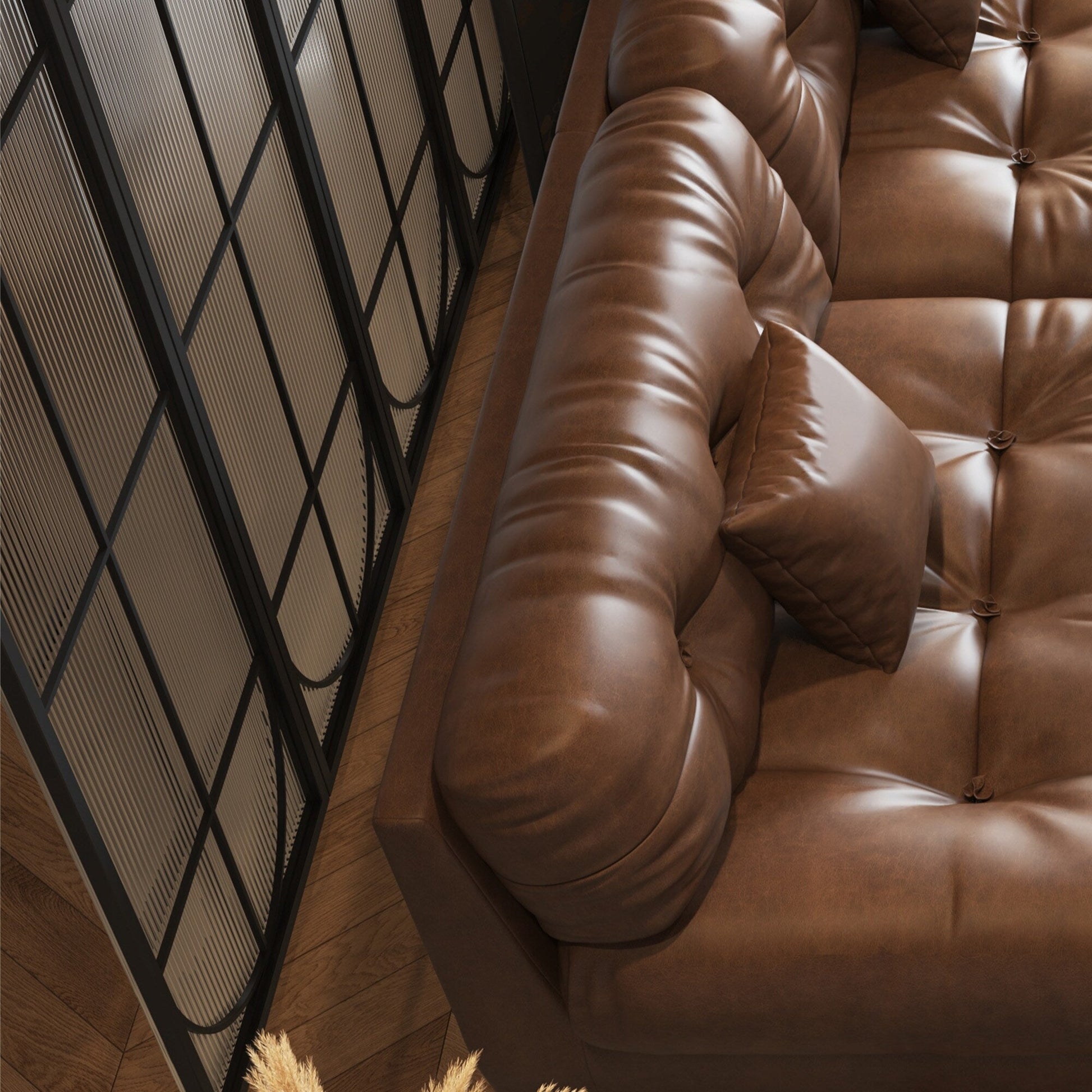 Canapé 3 places en cuir et plumes, style milieu de siècle - 102,4 po - 110,2 x 31,9 po