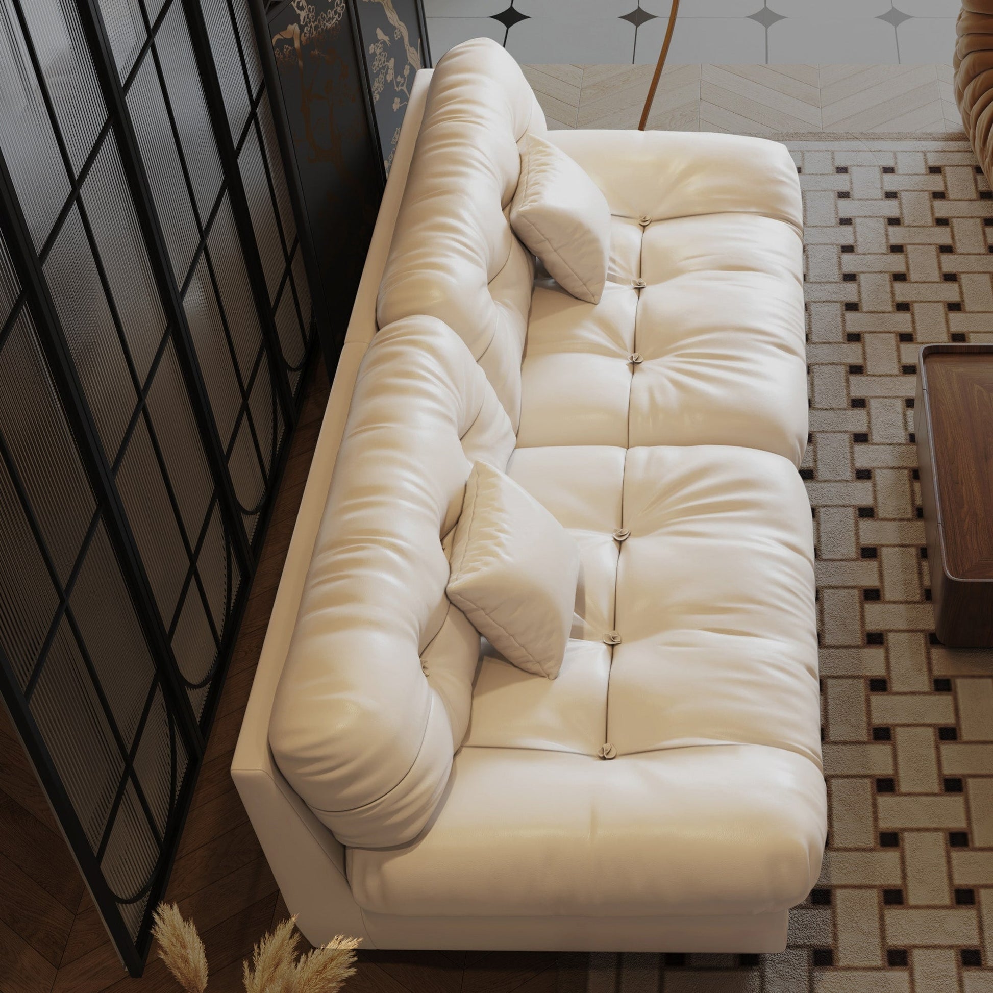 Canapé 3 places en cuir et plumes, style milieu de siècle - 102,4 po - 110,2 x 31,9 po