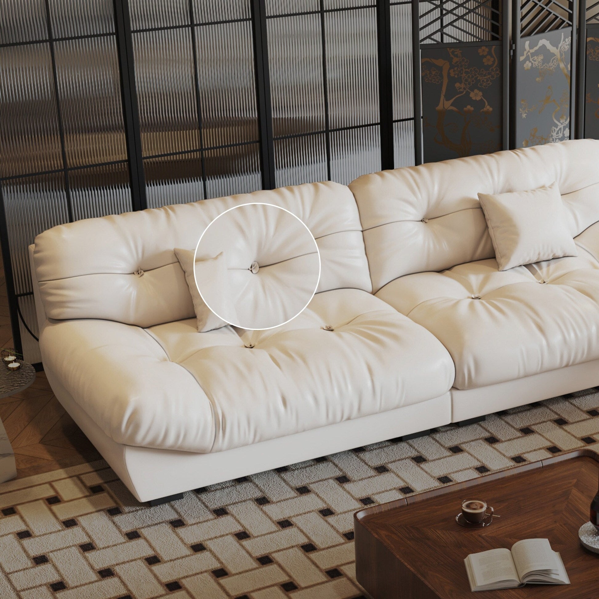 Canapé 3 places en cuir et plumes, style milieu de siècle - 102,4 po - 110,2 x 31,9 po