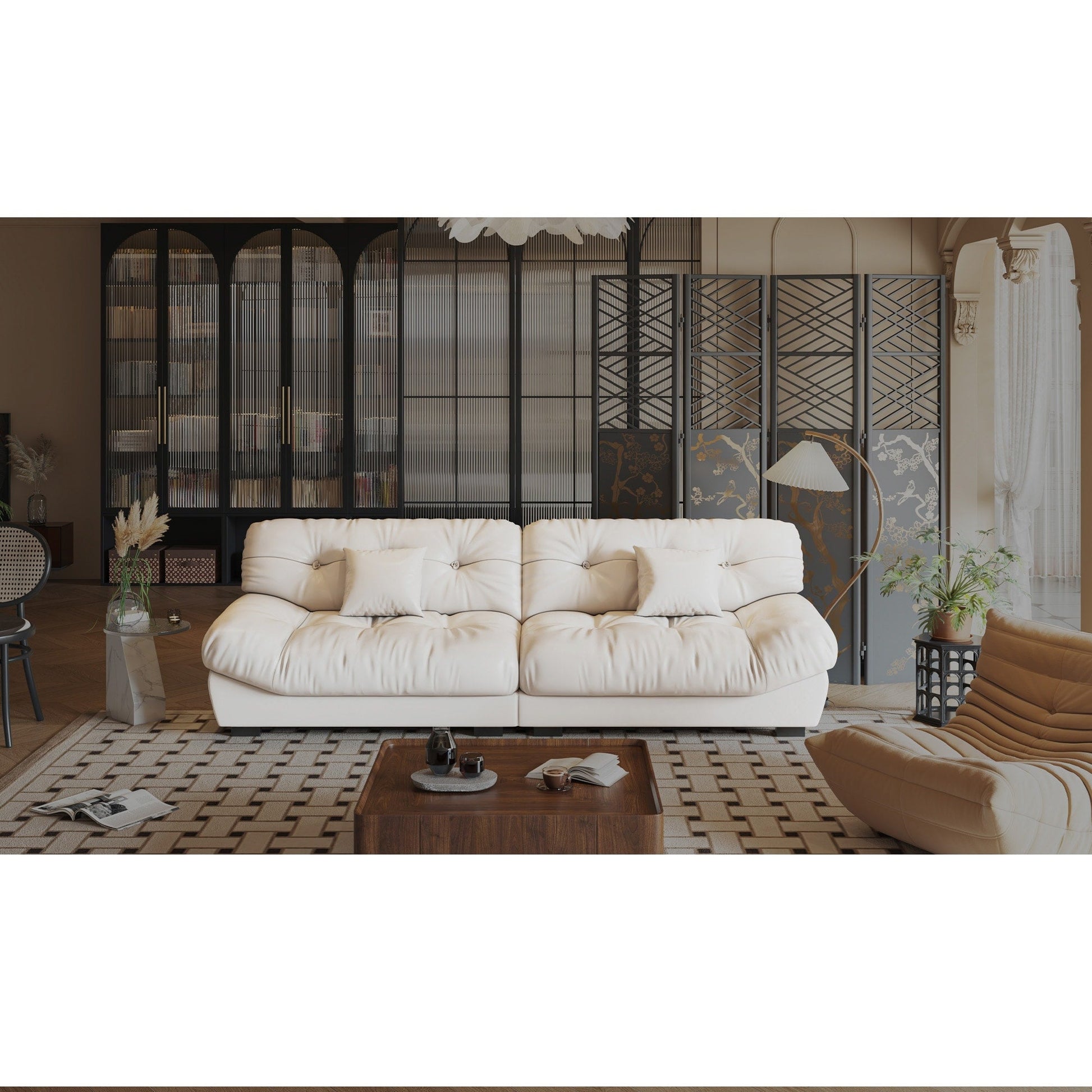 Canapé 3 places en cuir et plumes, style milieu de siècle - 102,4 po - 110,2 x 31,9 po