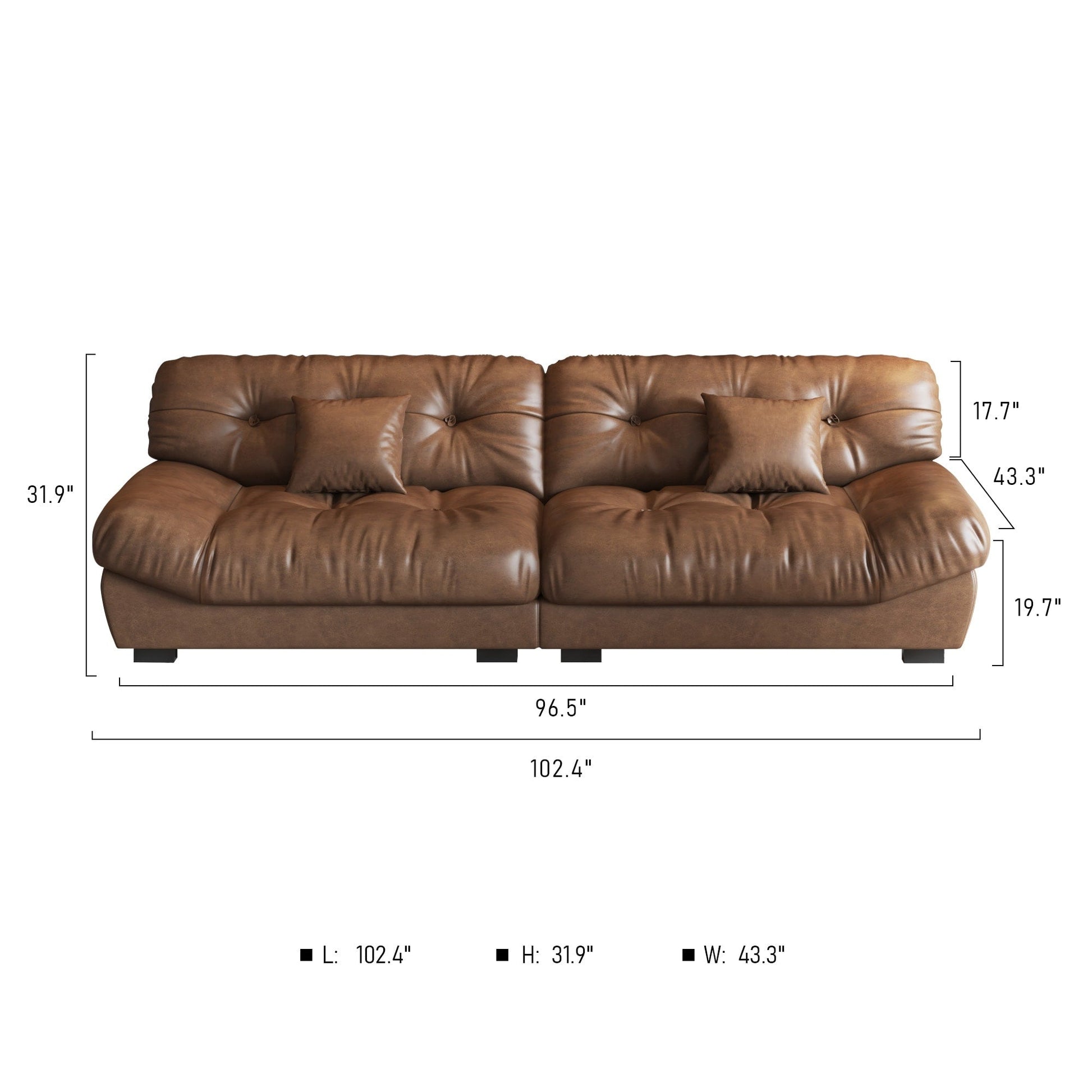 Canapé 3 places en cuir et plumes, style milieu de siècle - 102,4 po - 110,2 x 31,9 po