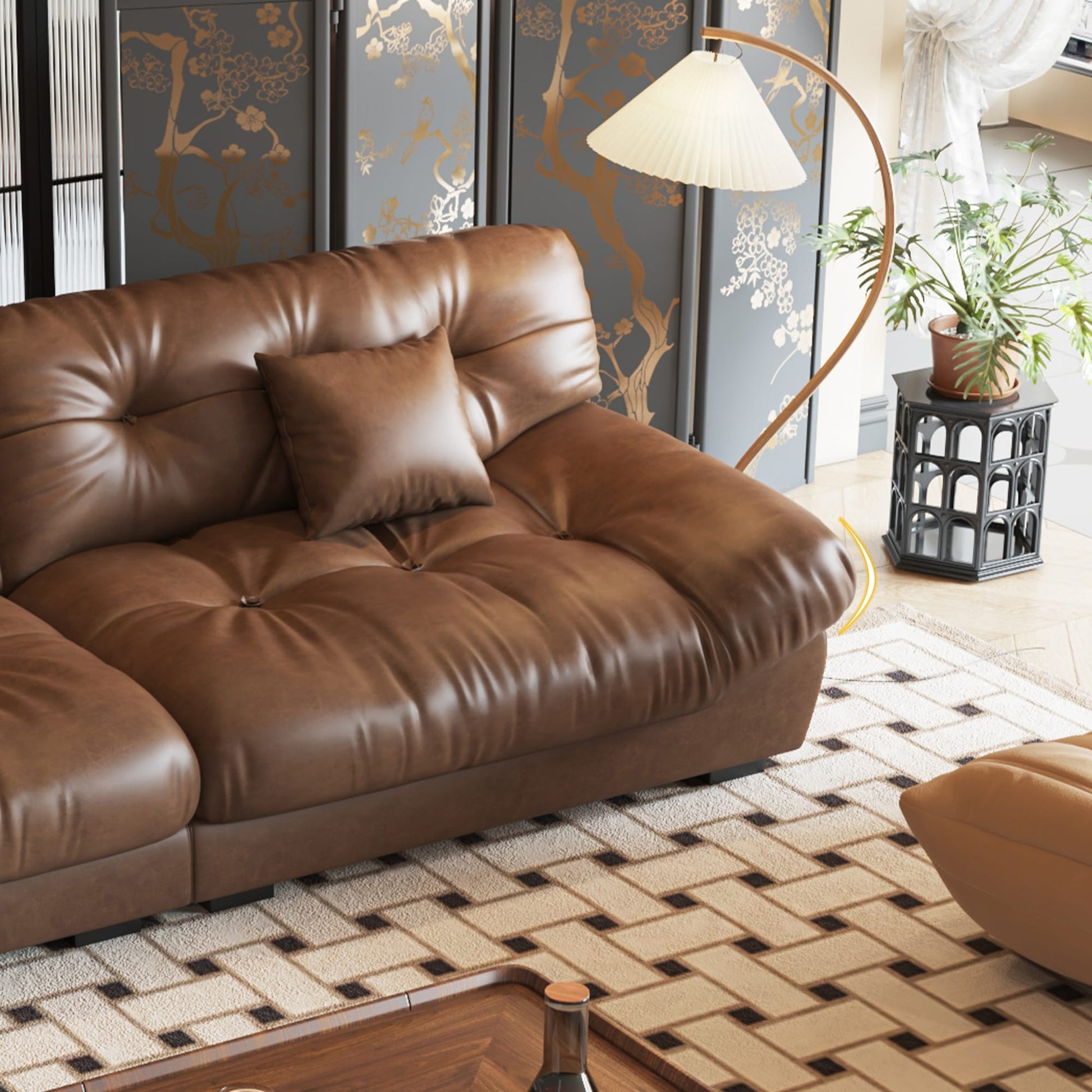 Canapé 3 places en cuir et plumes, style milieu de siècle - 102,4 po - 110,2 x 31,9 po