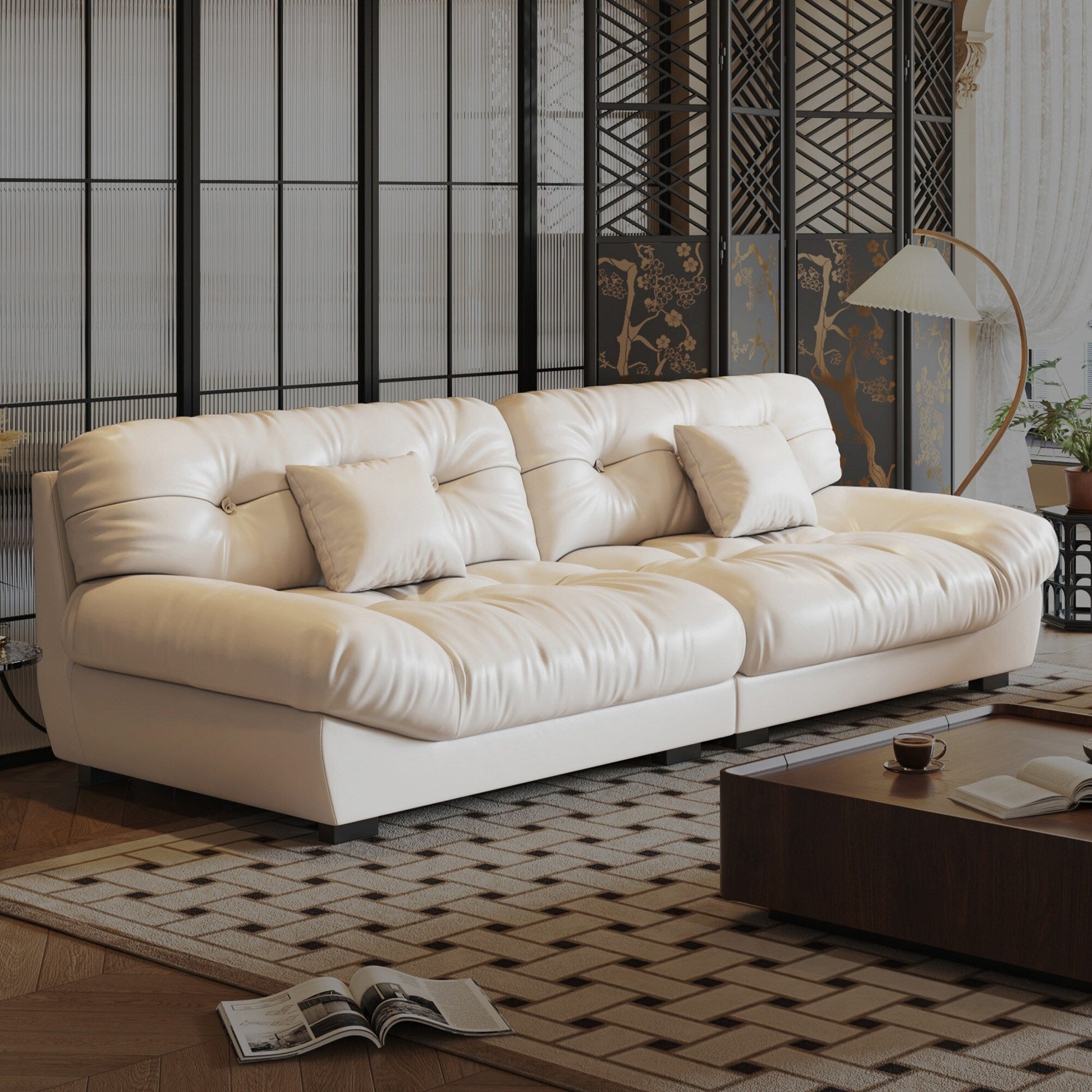 Canapé 3 places en cuir et plumes, style milieu de siècle - 102,4 po - 110,2 x 31,9 po