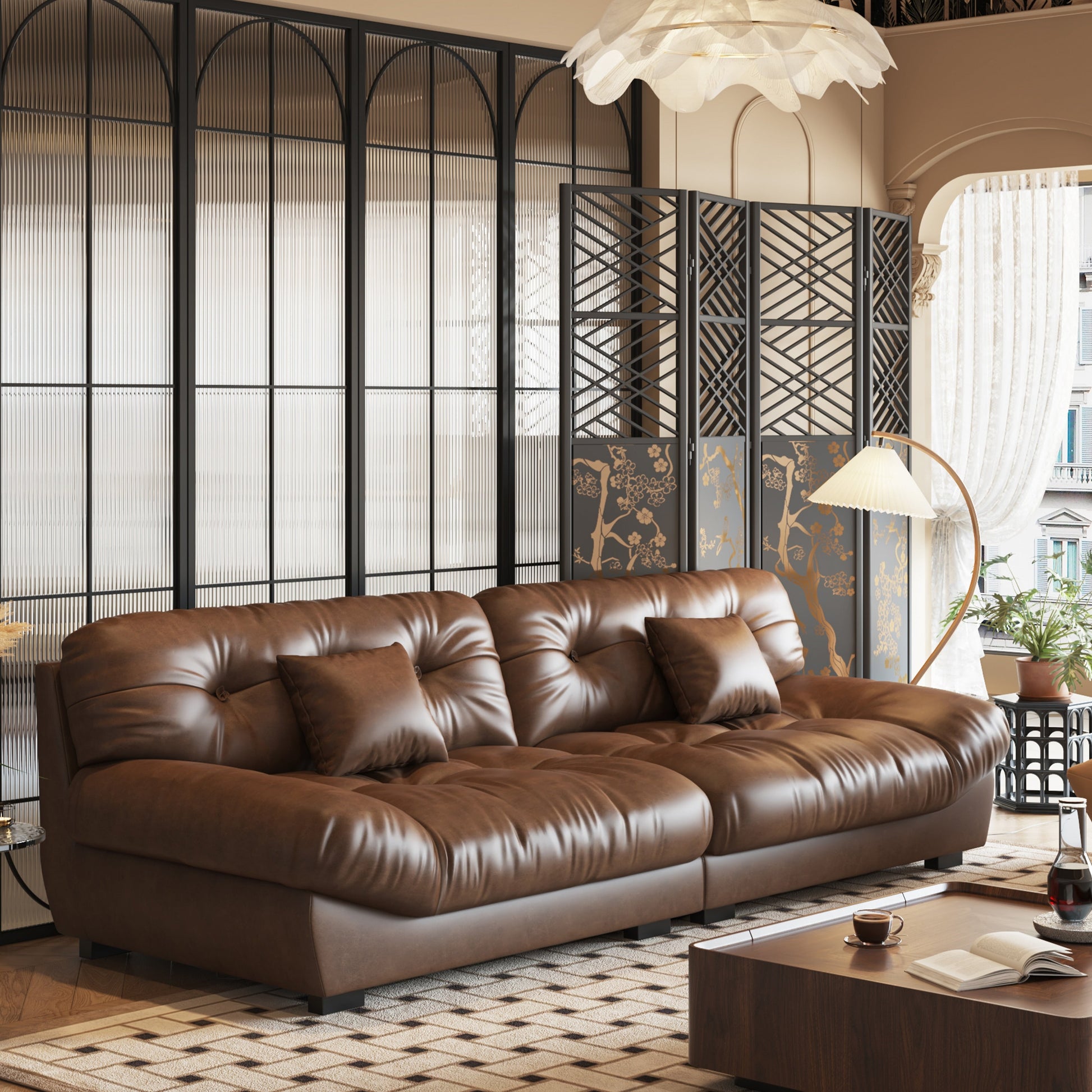 Canapé 3 places en cuir et plumes, style milieu de siècle - 102,4 po - 110,2 x 31,9 po