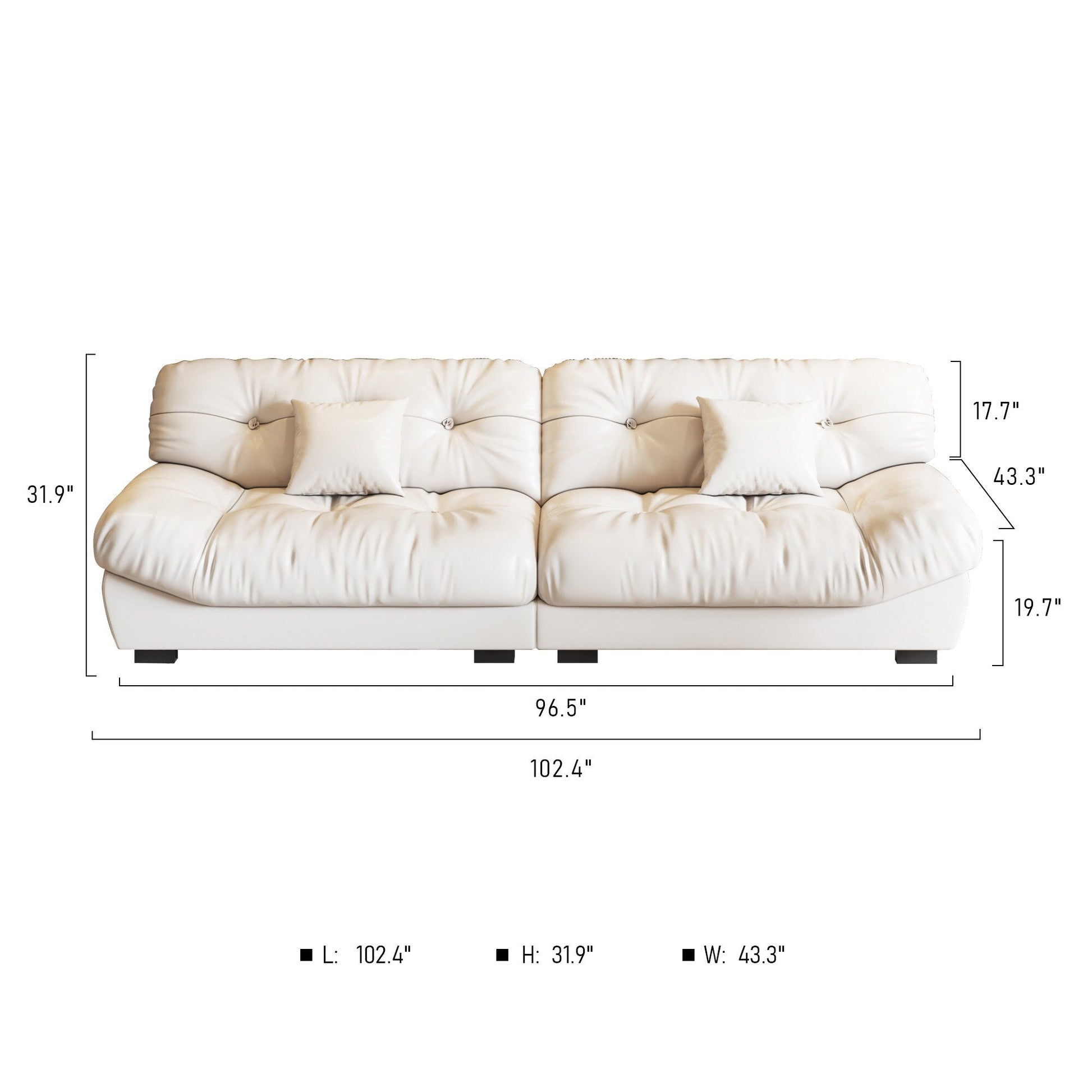 Canapé 3 places en cuir et plumes, style milieu de siècle - 102,4 po - 110,2 x 31,9 po