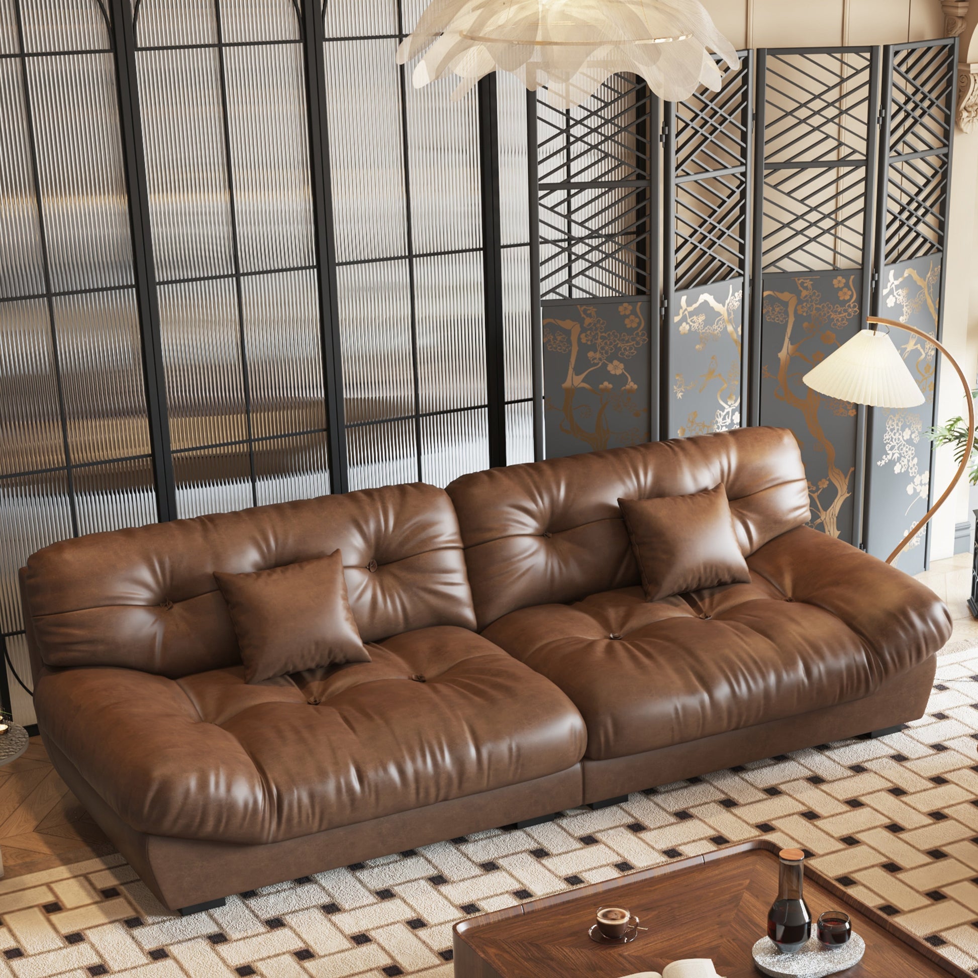 Canapé 3 places en cuir et plumes, style milieu de siècle - 102,4 po - 110,2 x 31,9 po