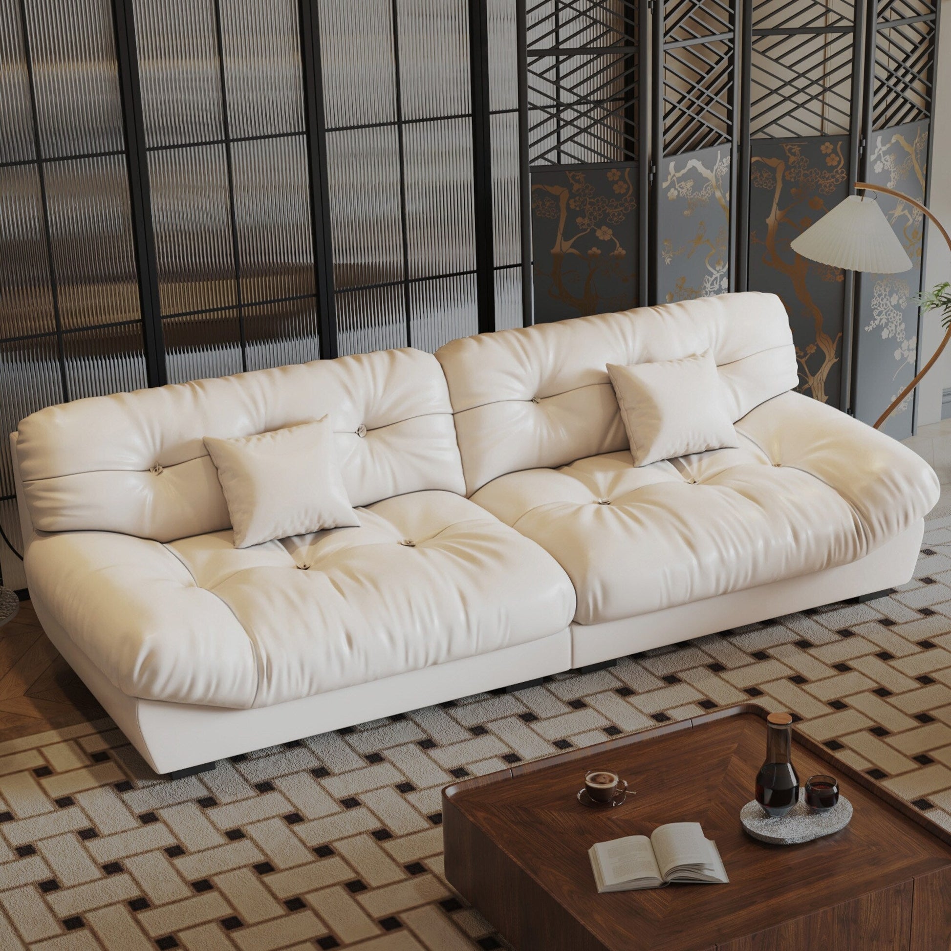 Canapé 3 places en cuir et plumes, style milieu de siècle - 102,4 po - 110,2 x 31,9 po