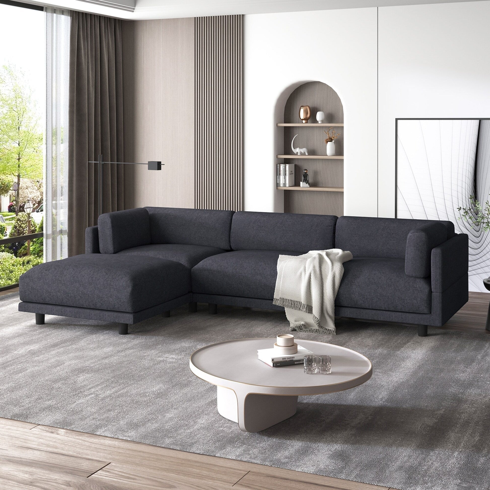 Canapé d'angle en forme de L de 102,4 pouces en polyester avec pouf réversible, coussins épais et pieds en plastique.