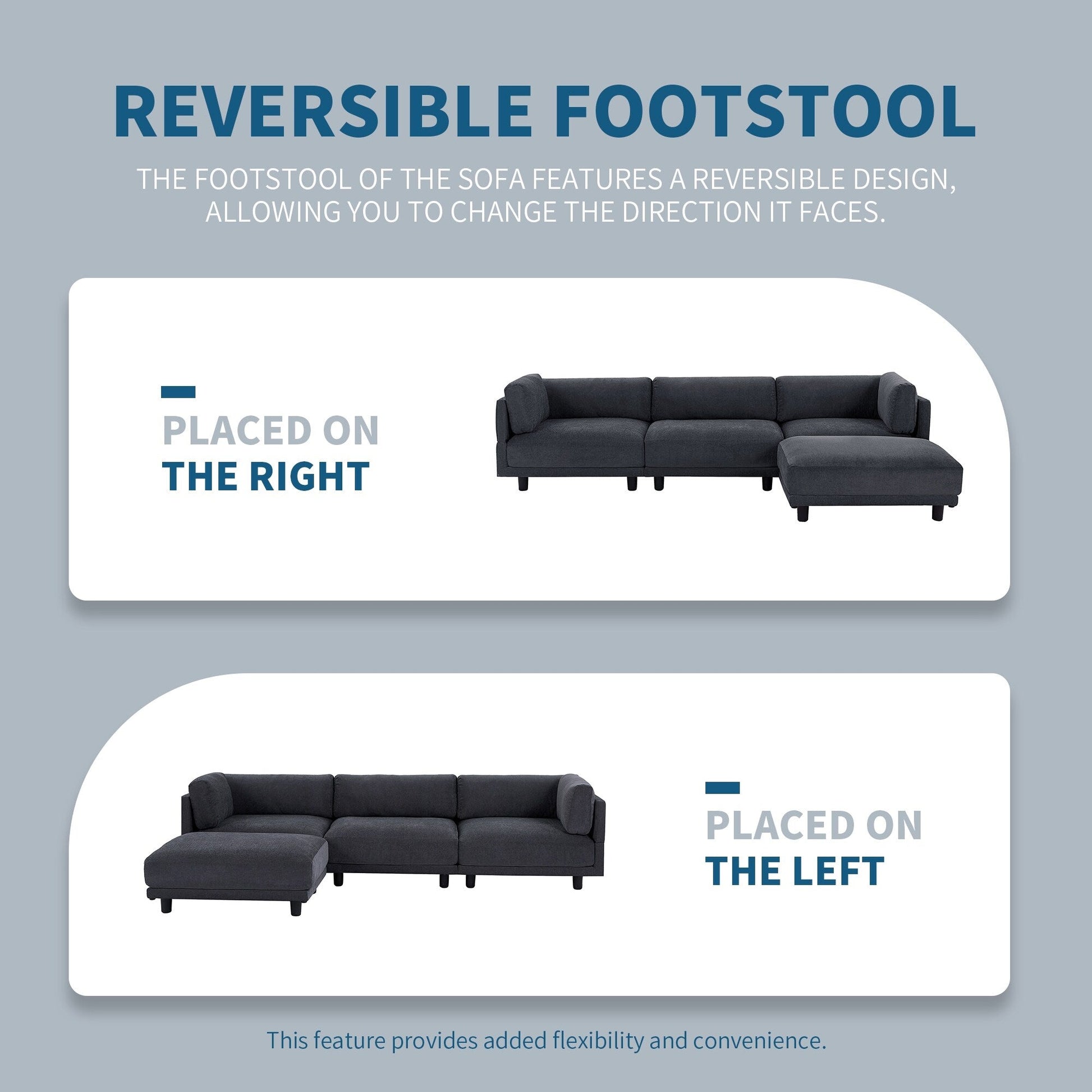 Canapé d'angle en forme de L de 102,4 pouces en polyester avec pouf réversible, coussins épais et pieds en plastique.