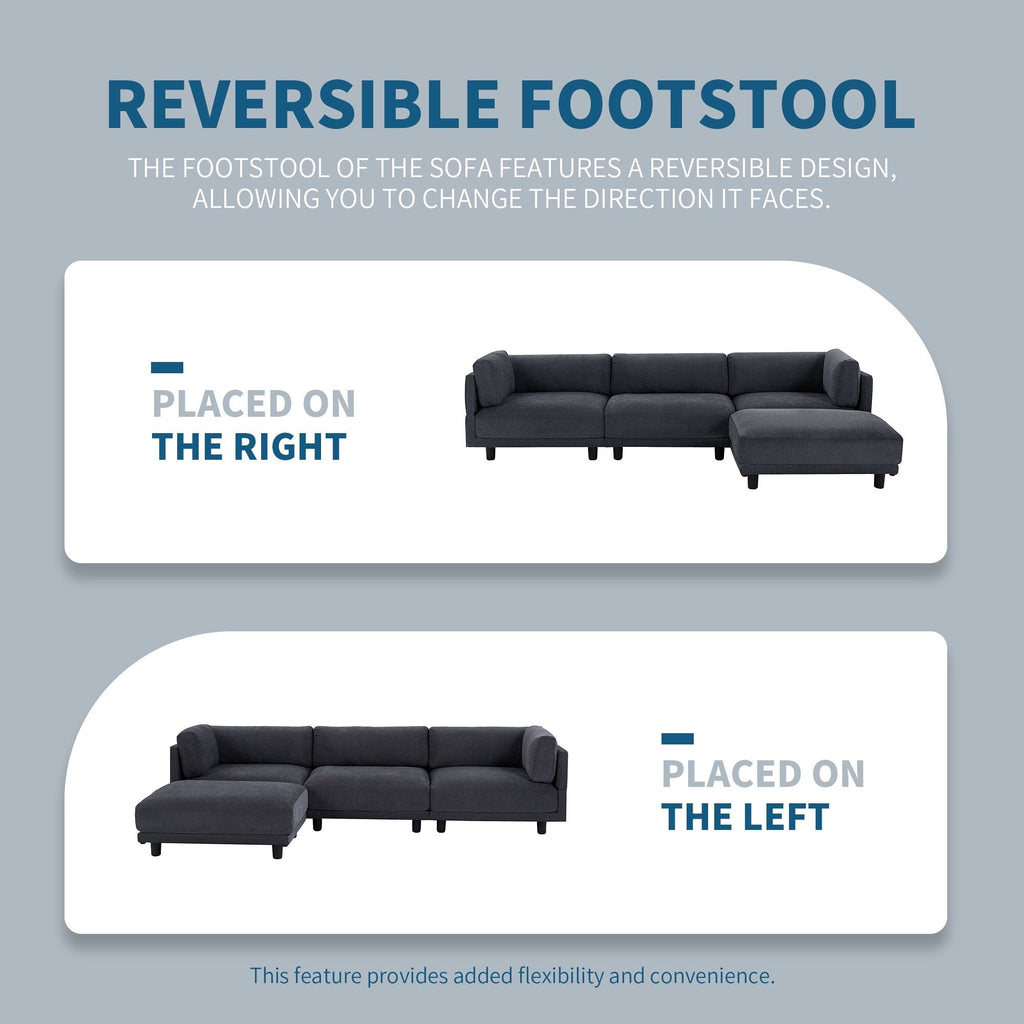 Canapé d'angle en forme de L 102.4 en polyester avec pouf réversible, coussins épais et pieds en plastique durables.