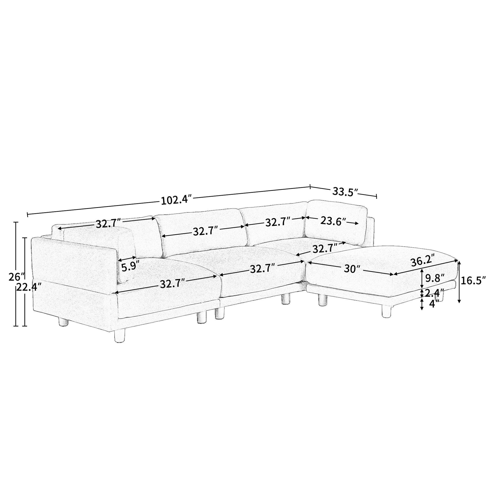 Canapé d'angle en forme de L 102.4 en polyester avec pouf réversible, coussins épais et pieds en plastique durables.