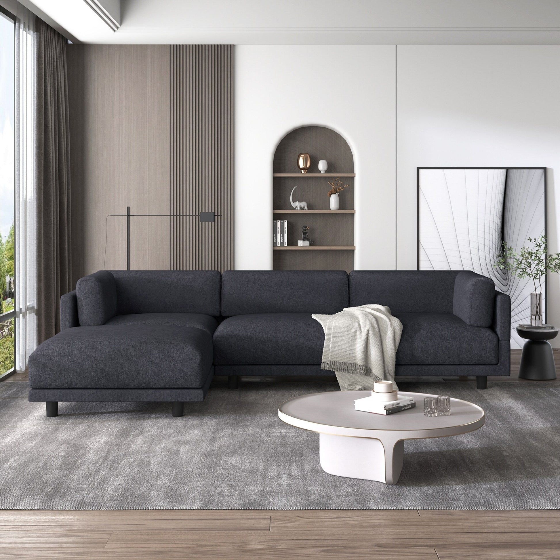 Canapé d'angle en forme de L 102.4 en polyester avec pouf réversible, coussins épais et pieds en plastique durables.