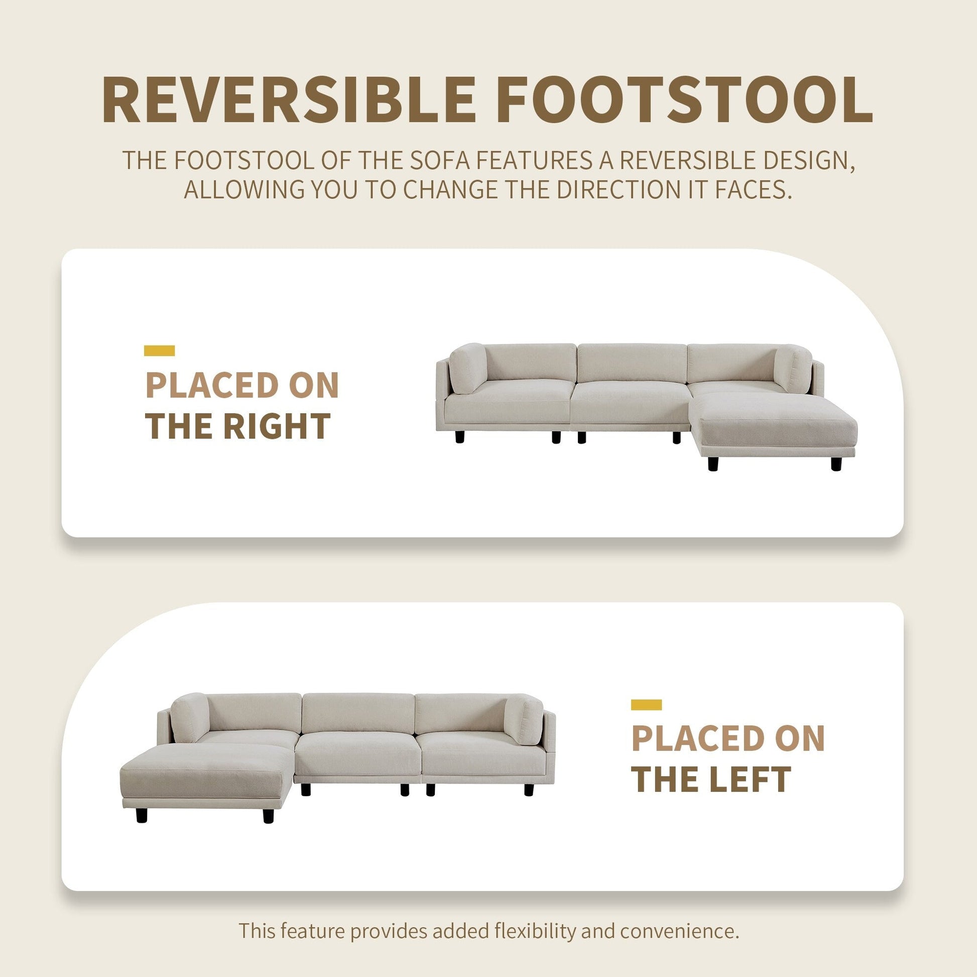 Canapé d'angle en forme de L 102.4 en polyester avec pouf réversible, coussins épais et pieds en plastique durables.