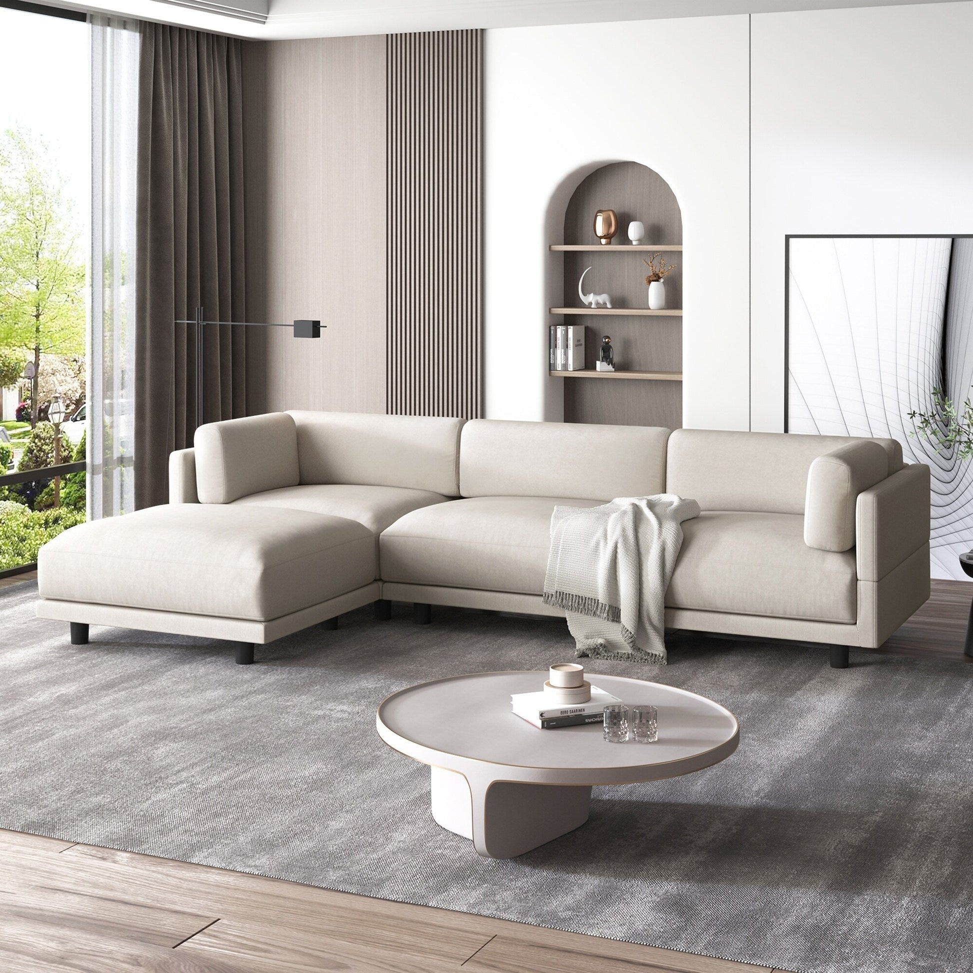 Canapé d'angle en polyester en forme de L de 260 cm avec pouf réversible, coussins épais et pieds en plastique durables.