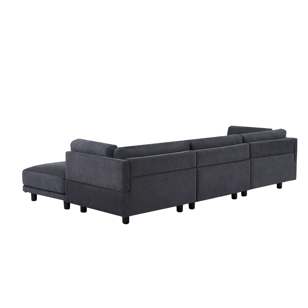 Canapé d'angle en polyester en forme de L de 260 cm avec pouf réversible, coussins épais et pieds en plastique durables.