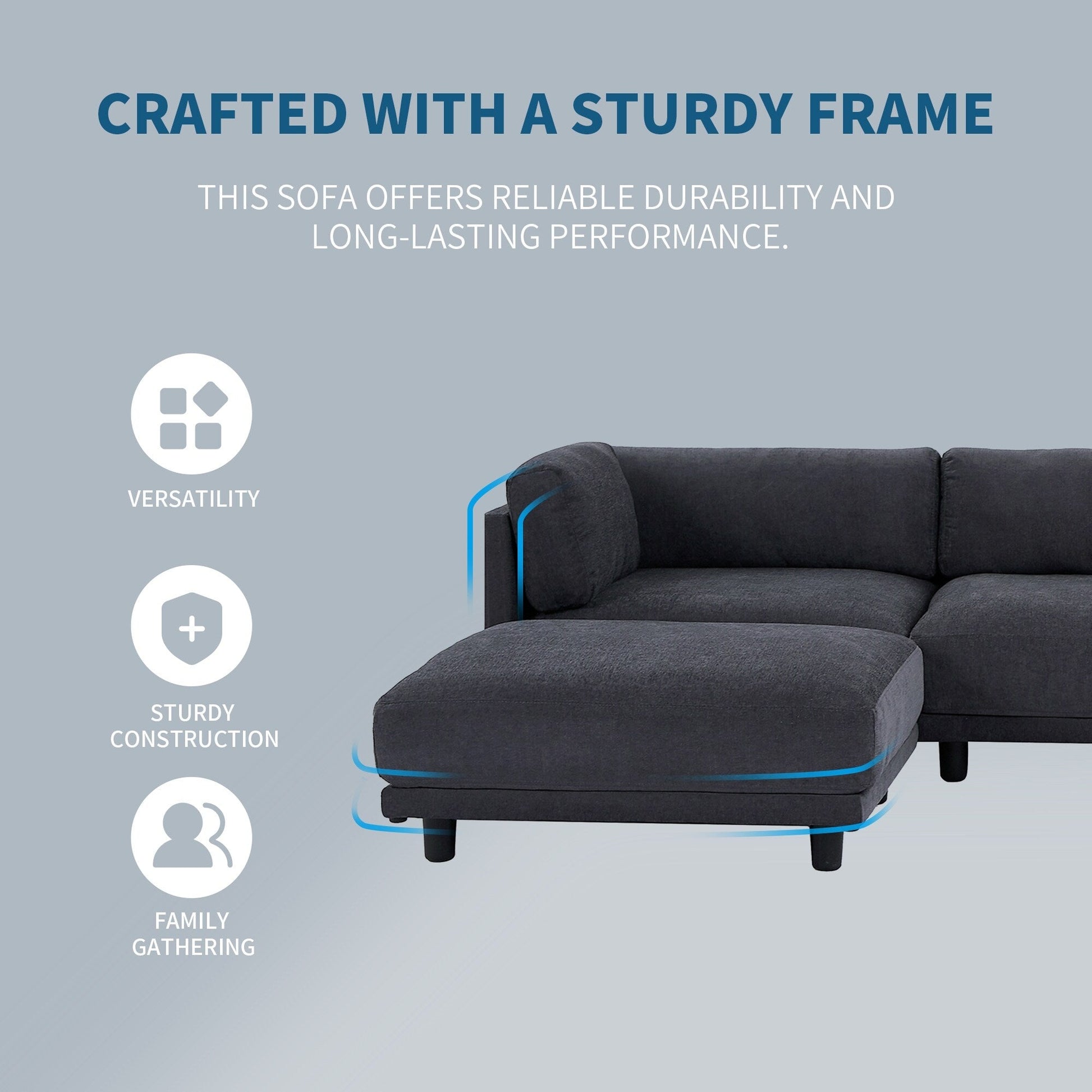 Canapé d'angle en polyester en forme de L de 260 cm avec pouf réversible, coussins épais et pieds en plastique durables.