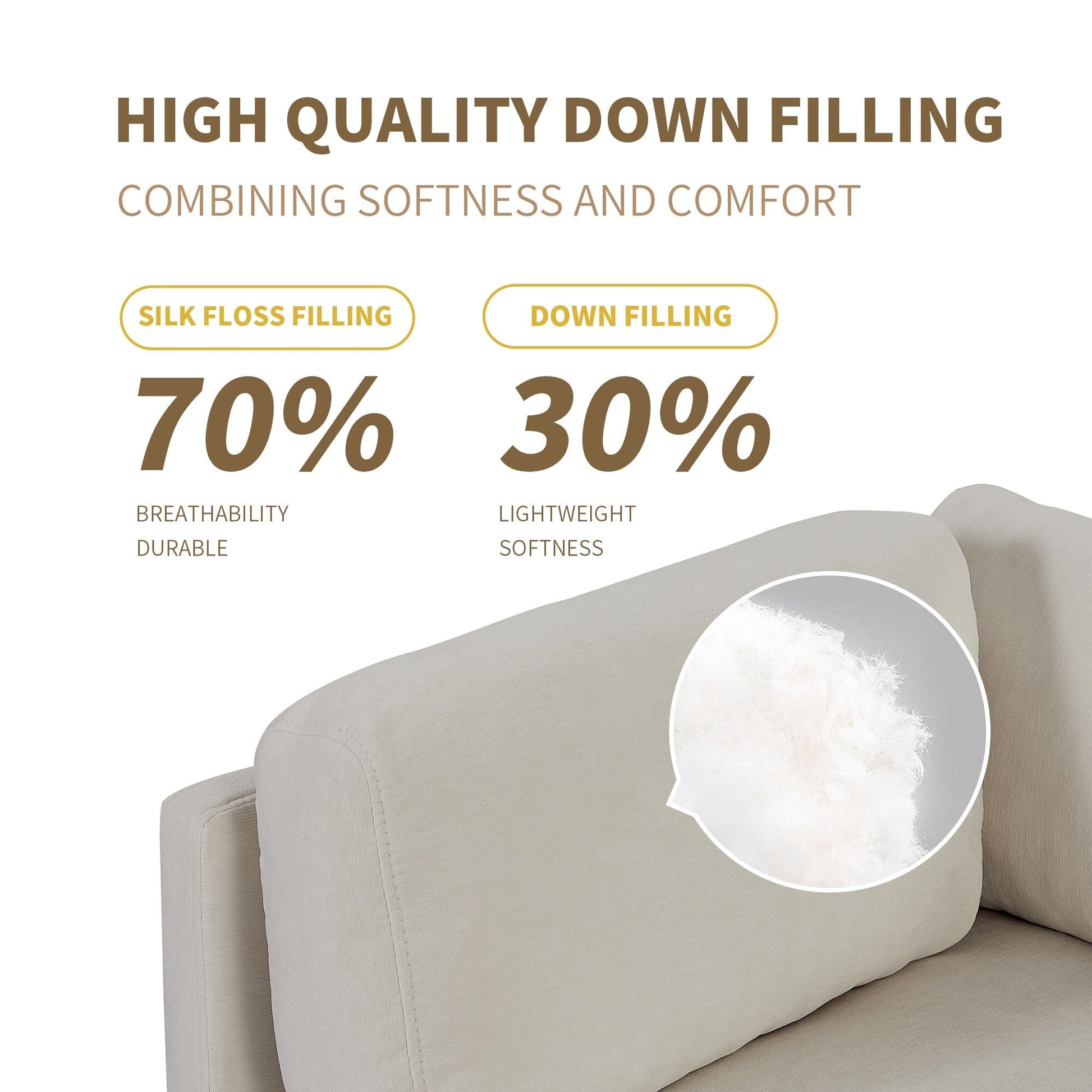 Canapé d'angle en polyester en forme de L de 260 cm avec pouf réversible, coussins épais et pieds en plastique durables.