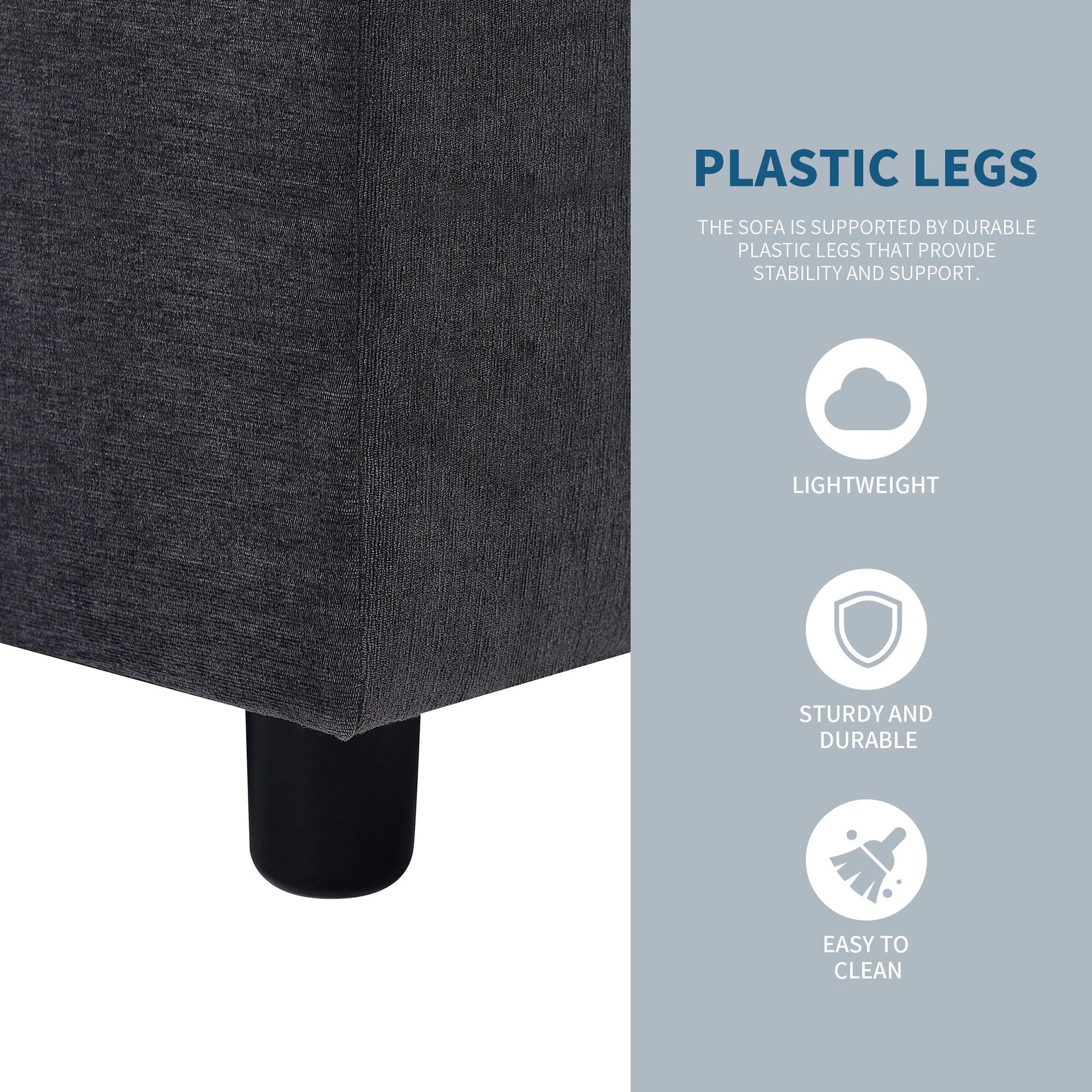 Canapé d'angle en polyester en forme de L de 260 cm avec pouf réversible, coussins épais et pieds en plastique durables.