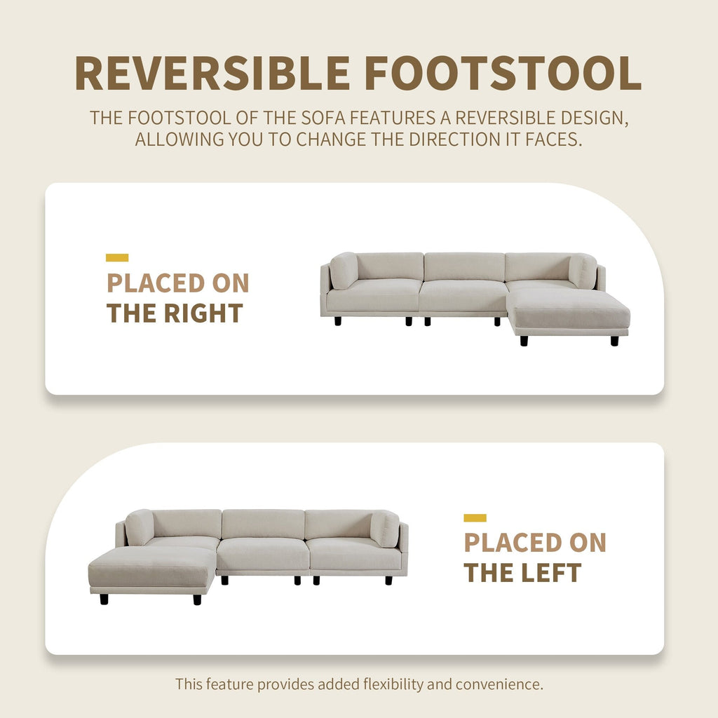 Canapé d'angle en polyester en forme de L de 260 cm avec pouf réversible, coussins épais et pieds en plastique durables.